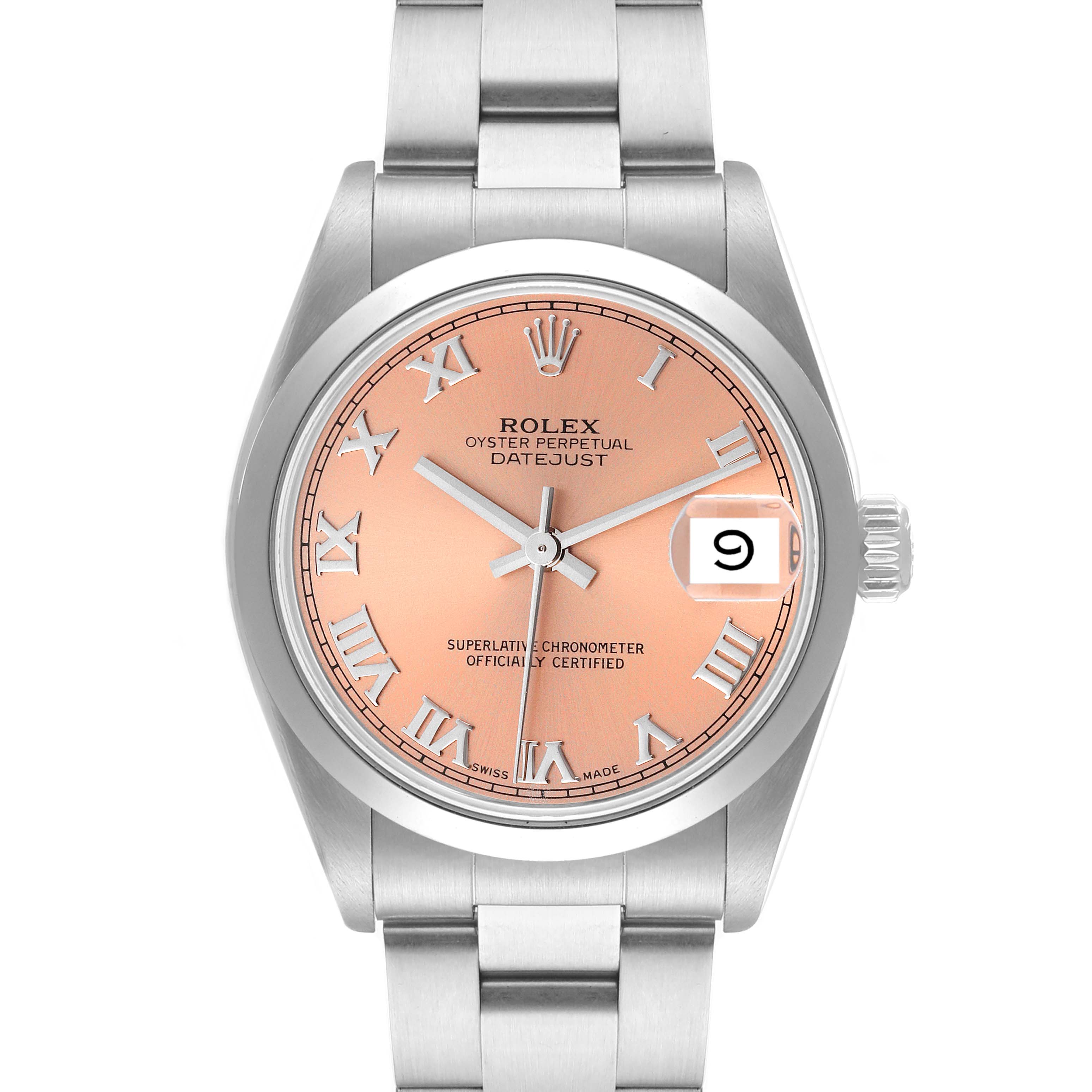 This image shows a Rolex Datejust 68240 Women's Stainless Steel Pink Dial 68240 Women's Stainless Steel Pink Dial watch from a front angle focusing on the dial, crown, and bracelet.