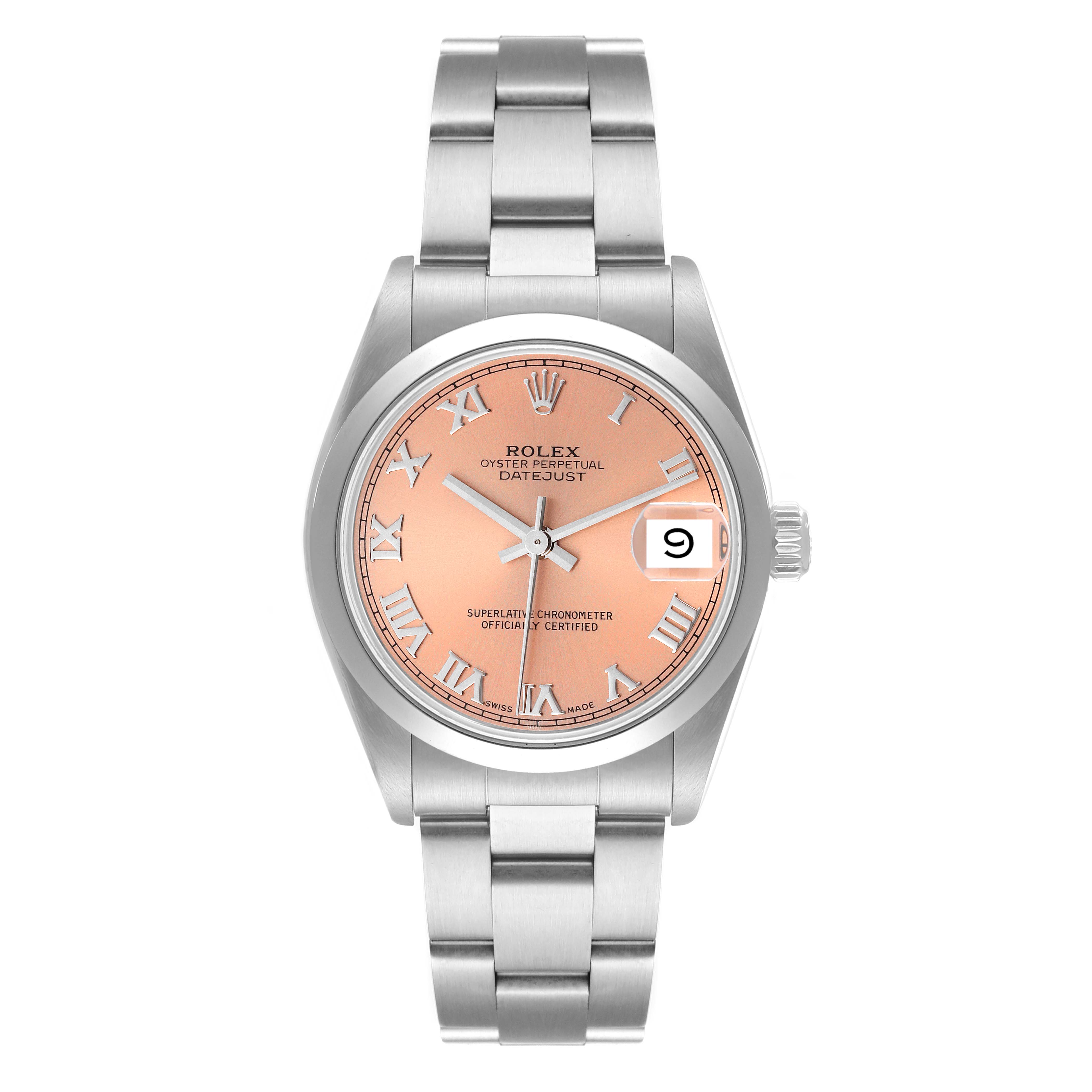 This image shows a front view of a Rolex Datejust 68240 Women's Stainless Steel Pink Dial 68240 Women's Stainless Steel Pink Dial watch, highlighting its dial, date window, and stainless steel bracelet.