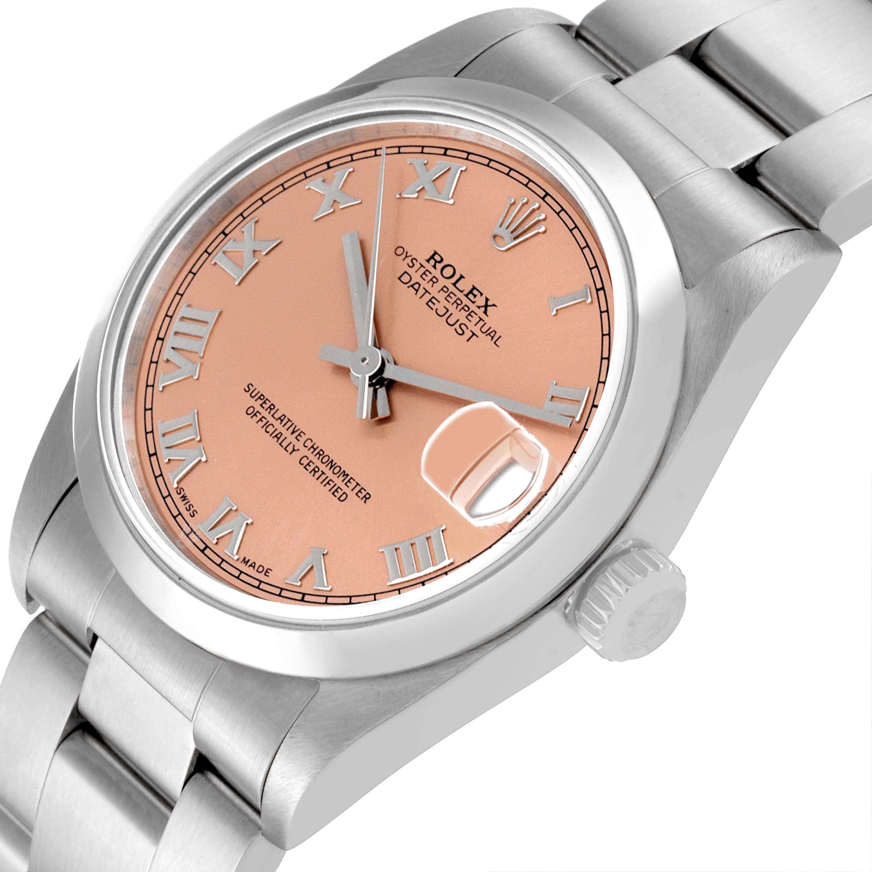 This image shows the face and part of the bracelet of a Rolex Datejust 68240 Women's Stainless Steel Pink Dial 68240 Women's Stainless Steel Pink Dial watch at a slight angle.