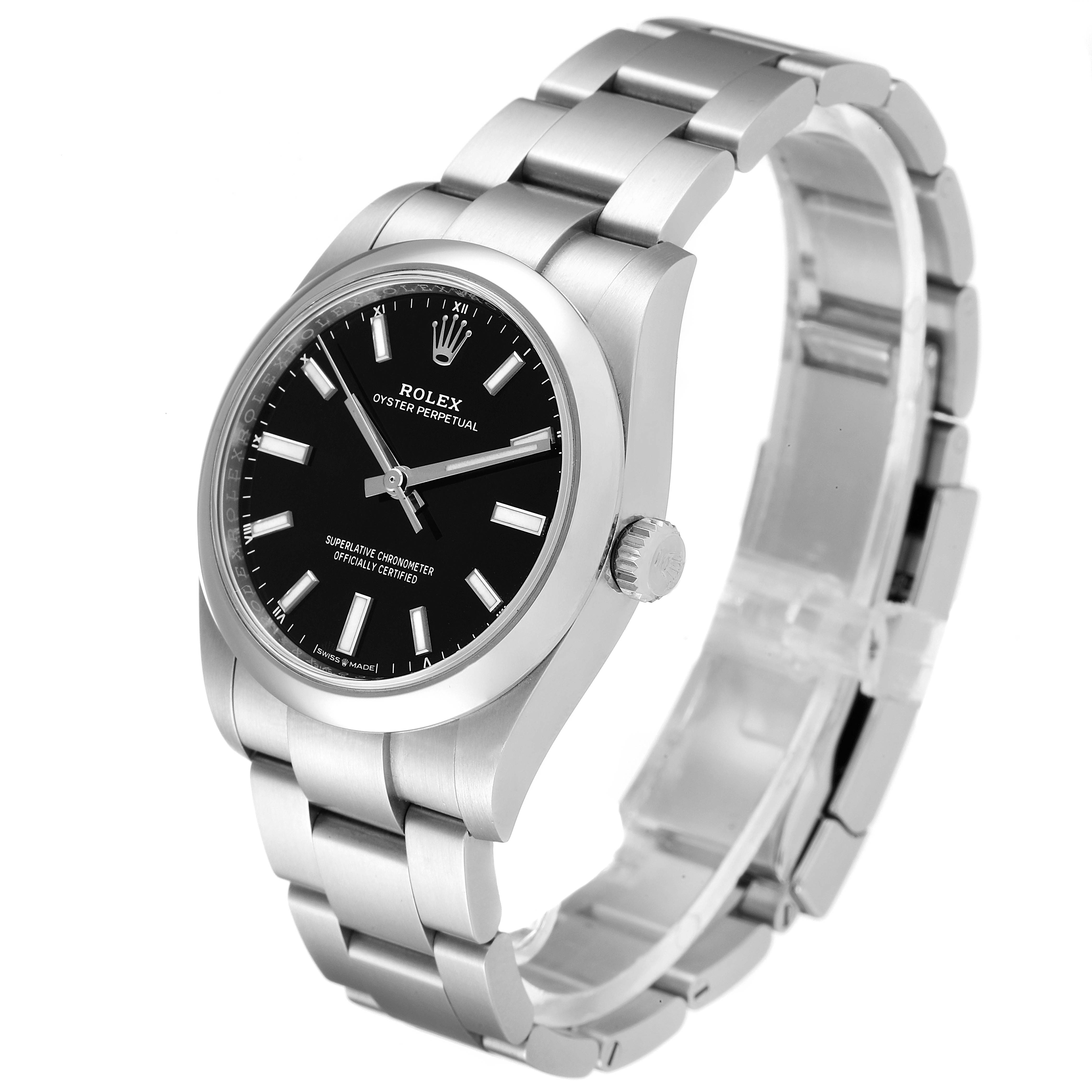 This image shows a Rolex Oyster Perpetual 124200 Men
s Stainless Steel Black Dial 124200 Men
s Stainless Steel Black Dial watch at a three-quarter angle, displaying the bracelet, face, and crown.