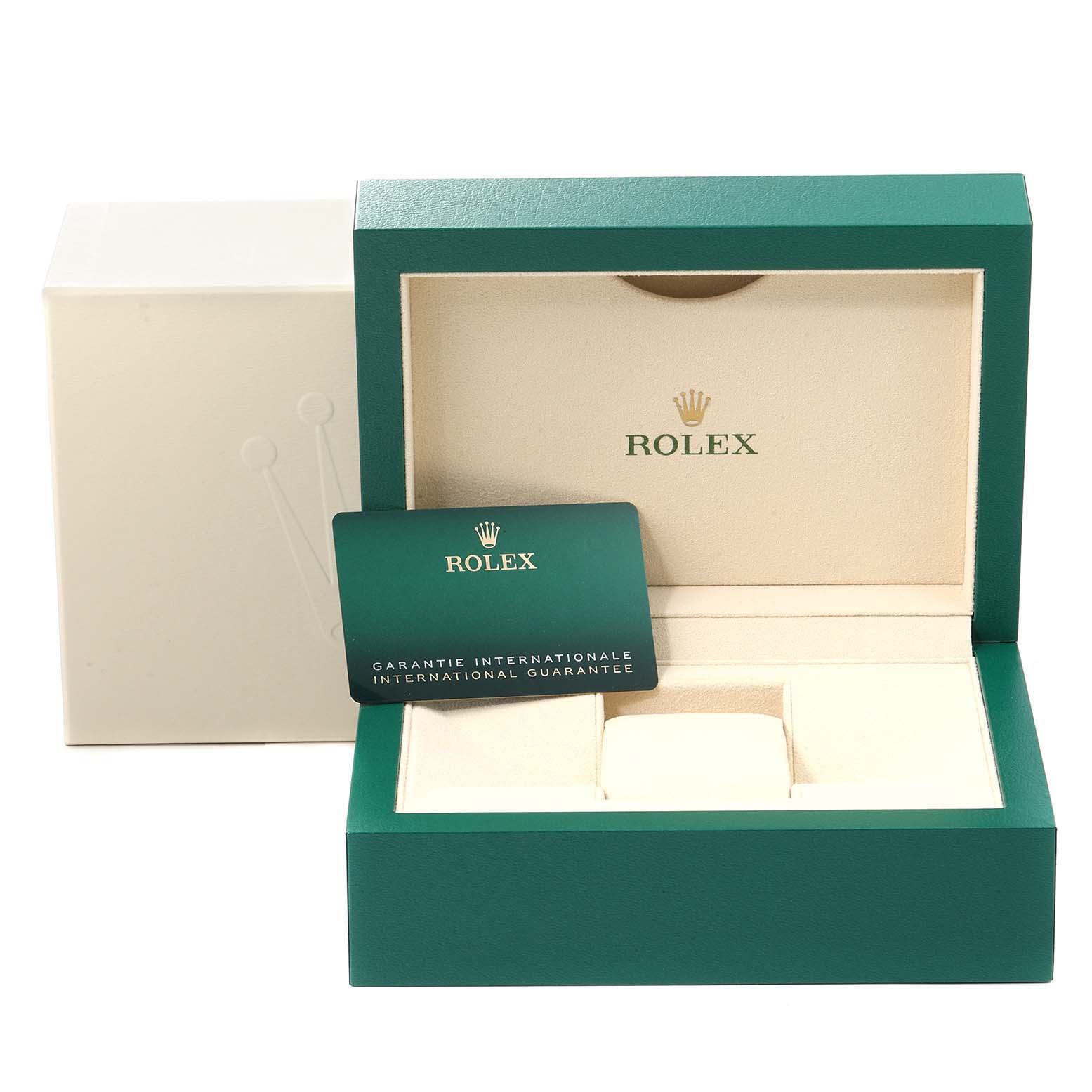 The image shows an open Rolex Oyster Perpetual 124200 Men
s Stainless Steel Black Dial 124200 Men
s Stainless Steel Black Dial watch box and an international guarantee card.