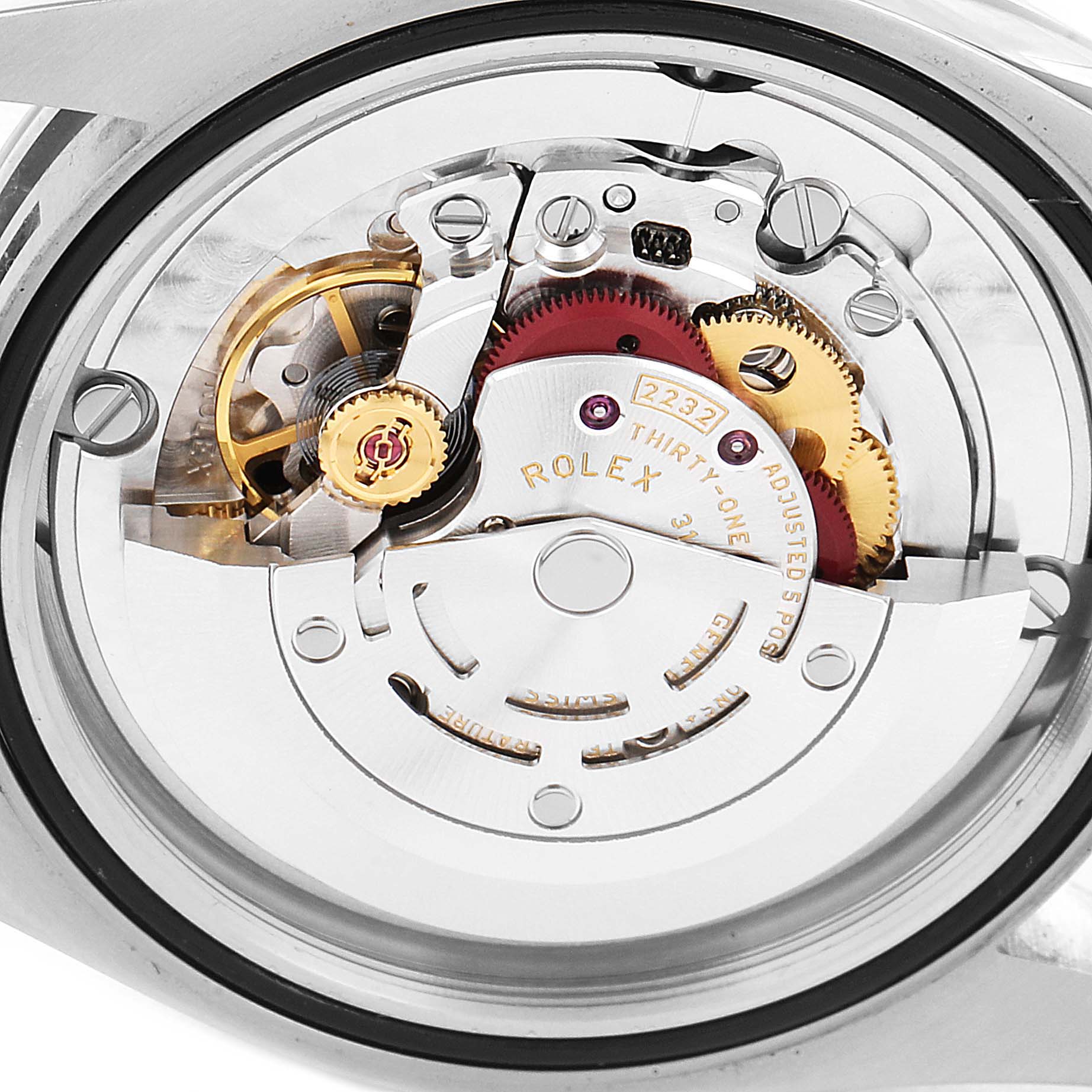 This image shows the movement mechanism of a Rolex Oyster Perpetual 124200 Men
s Stainless Steel Black Dial 124200 Men
s Stainless Steel Black Dial watch from a rear angle.