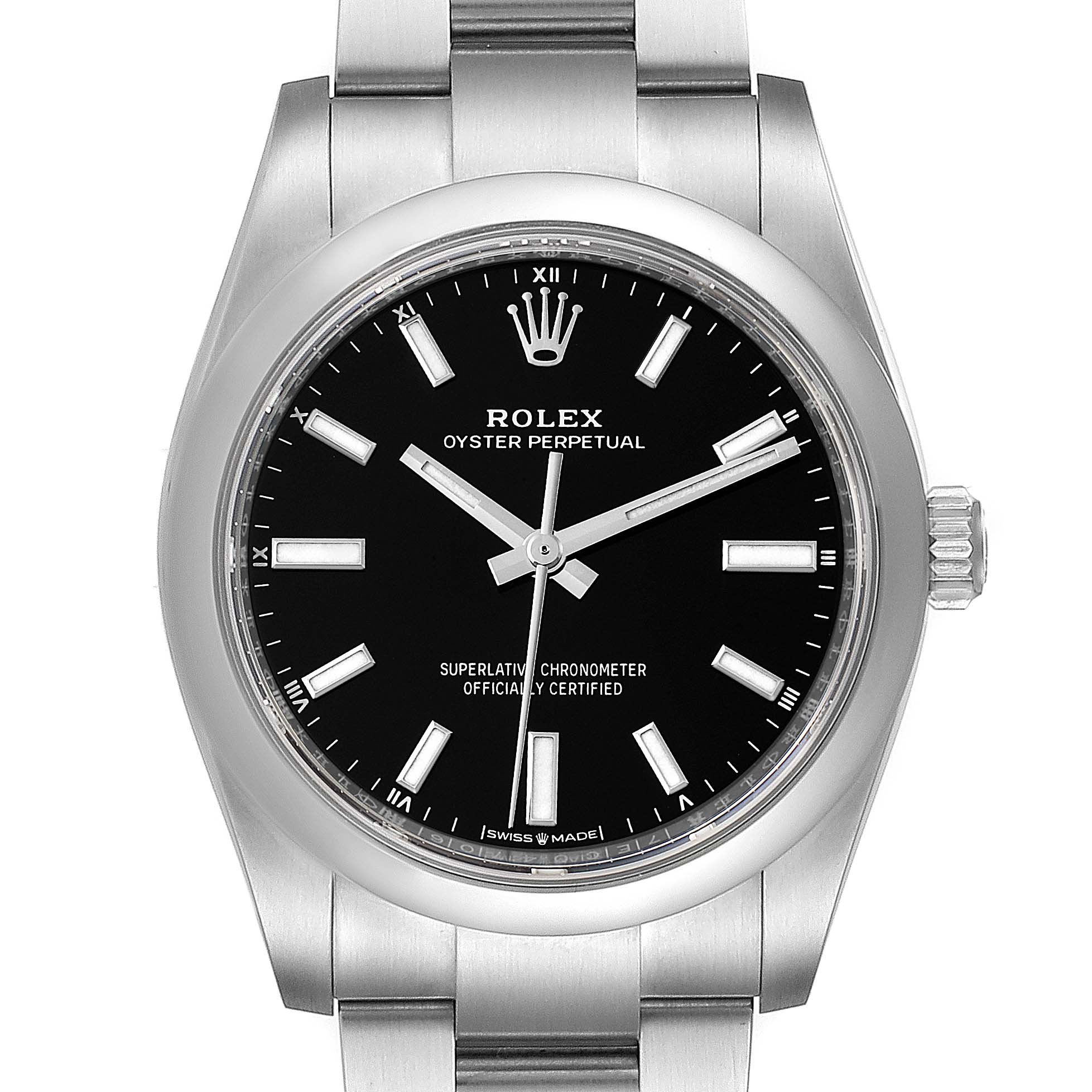 This is a front view of the Rolex Oyster Perpetual 124200 Men
s Stainless Steel Black Dial 124200 Men
s Stainless Steel Black Dial watch, showing the face, bezel, and part of the bracelet.