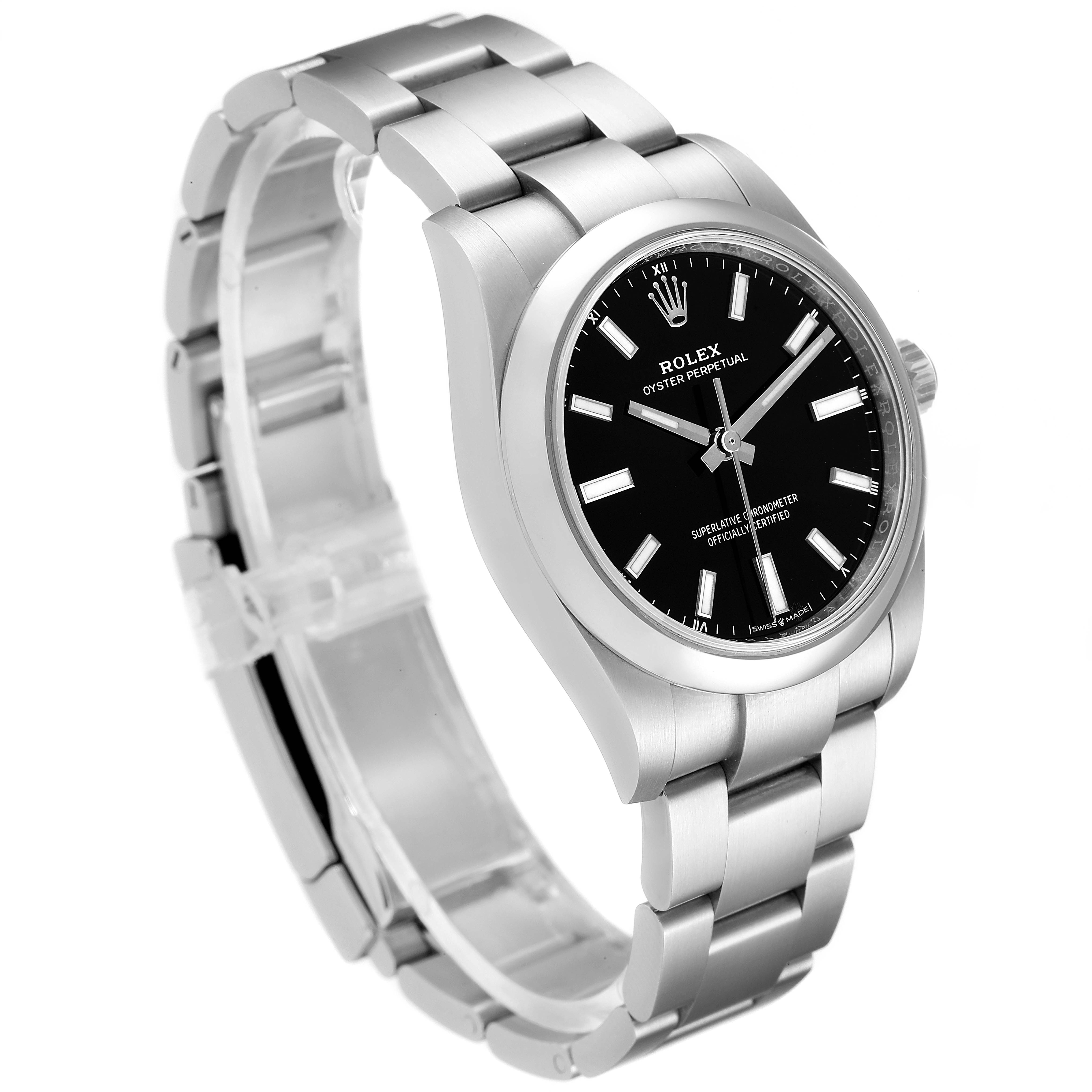 The image shows a Rolex Oyster Perpetual 124200 Men
s Stainless Steel Black Dial 124200 Men
s Stainless Steel Black Dial watch from an angled top view, displaying the entire wristband and face.