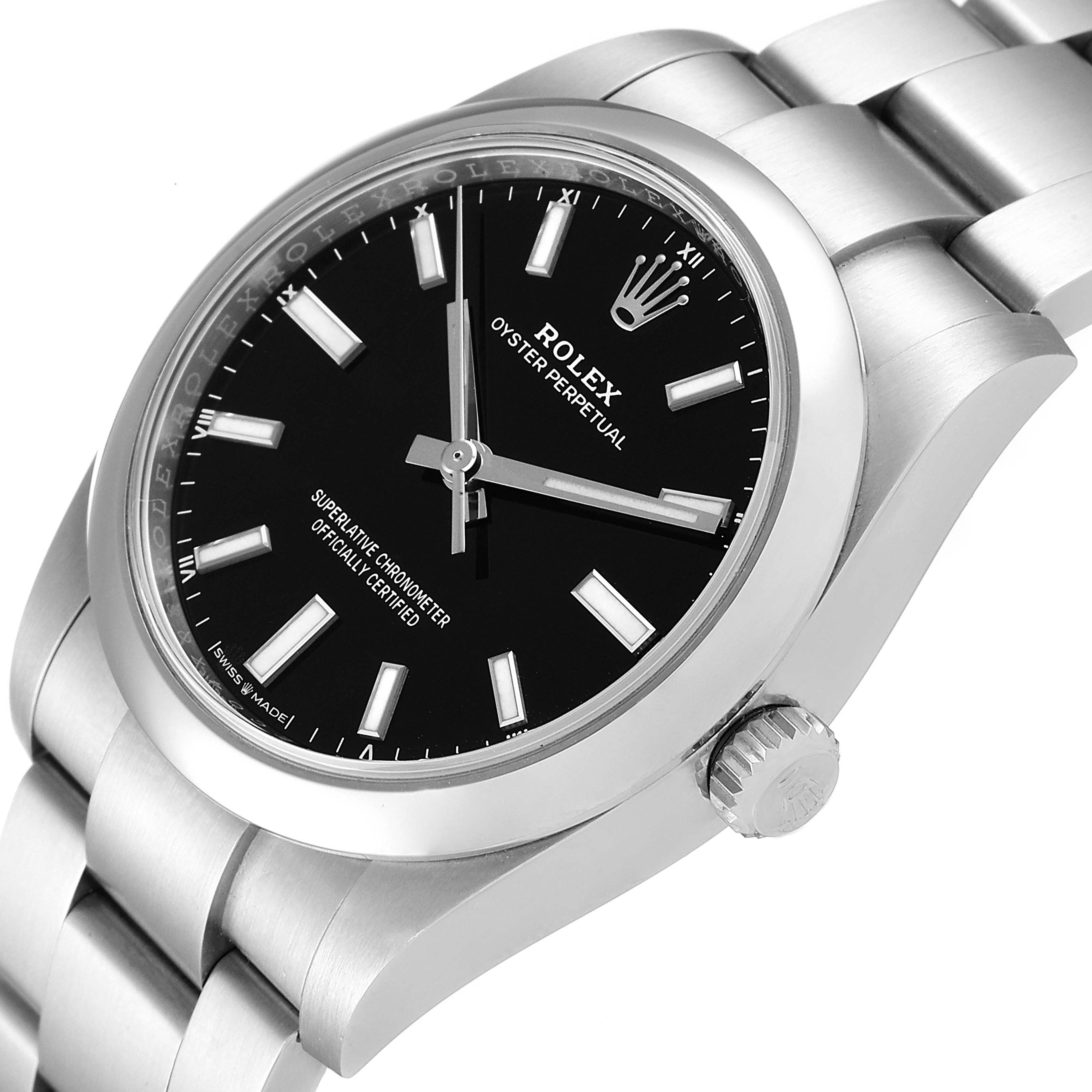 The image shows a close-up, angled view of a Rolex Oyster Perpetual 124200 Men
s Stainless Steel Black Dial 124200 Men
s Stainless Steel Black Dial watch, highlighting the crown, dial, and bracelet.