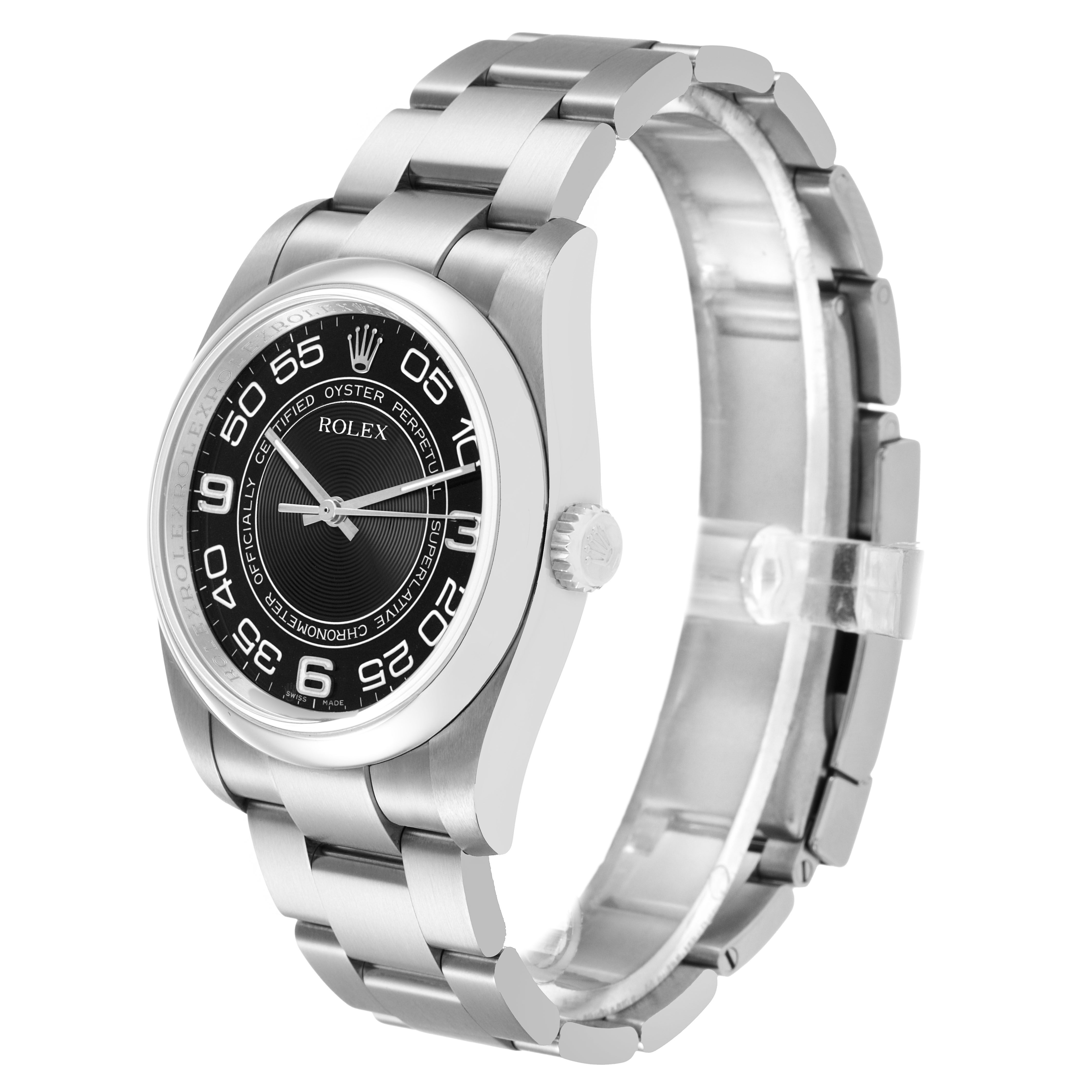 The Rolex Oyster Perpetual 116000 Men's Stainless Steel Black Dial watch is shown at a three-quarter angle, highlighting the face, bezel, crown, and bracelet.