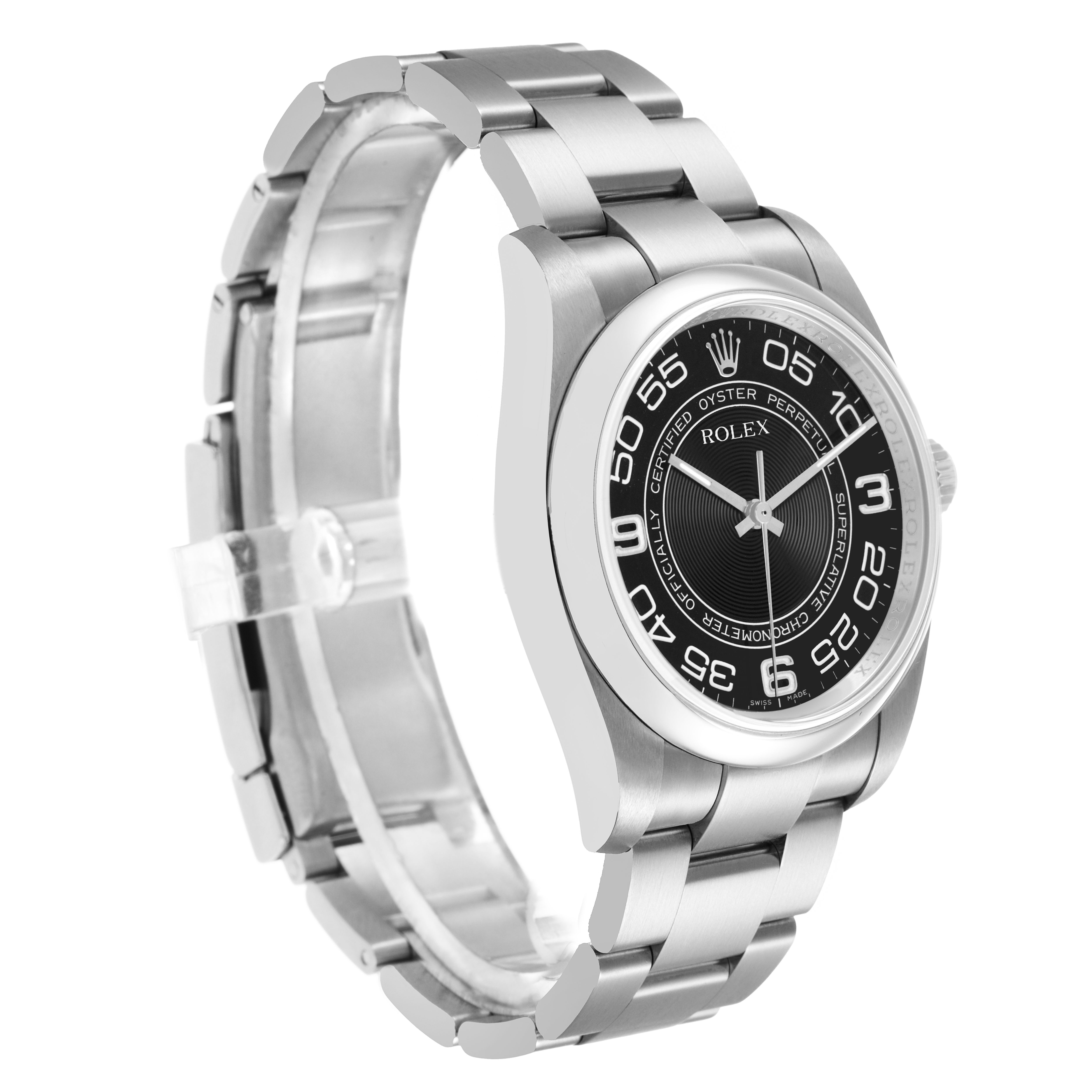 The Rolex Oyster Perpetual 116000 Men's Stainless Steel Black Dial watch is shown at a slight angle, highlighting the face, bezel, and bracelet.