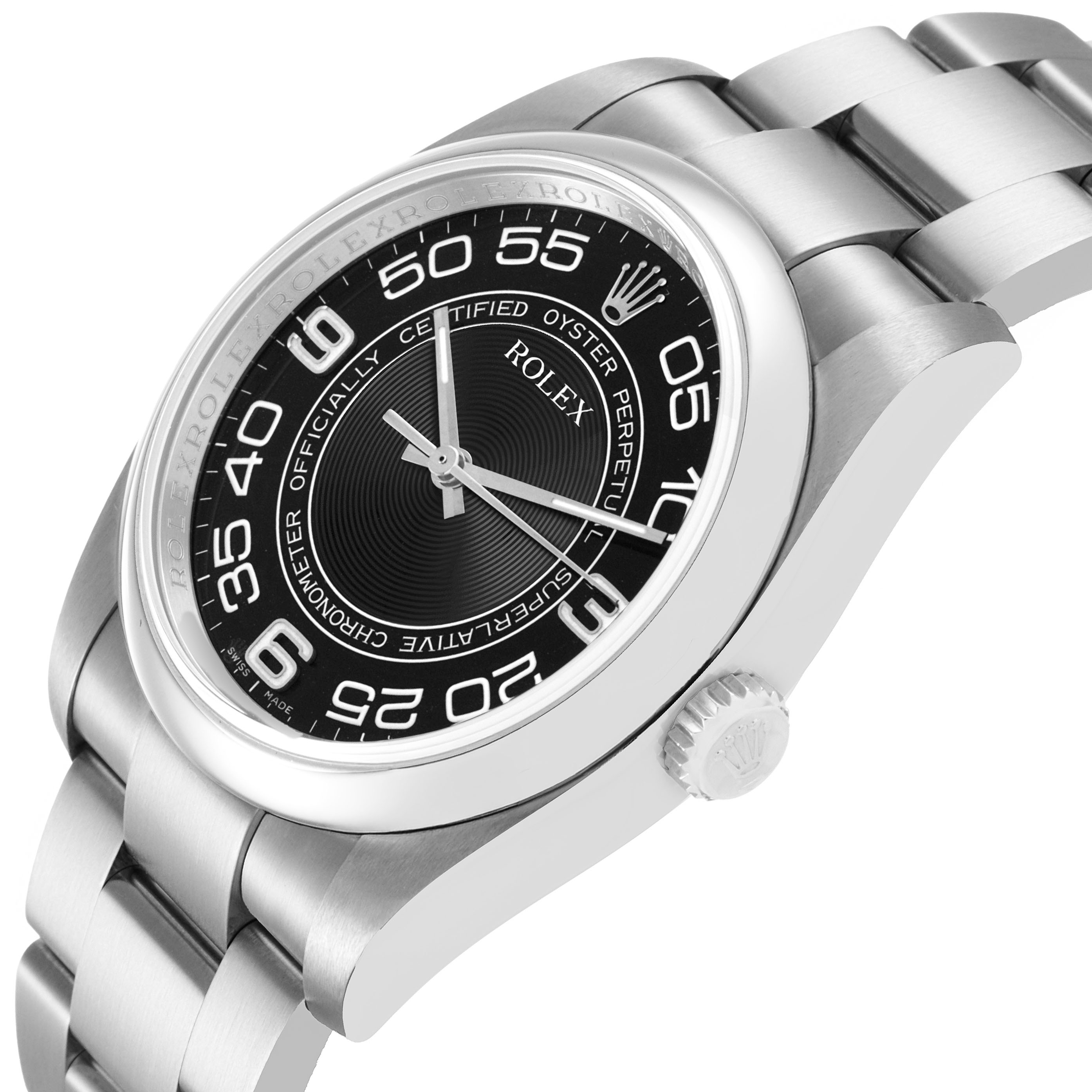 The Rolex Oyster Perpetual 116000 Men's Stainless Steel Black Dial watch is shown at an angle displaying the face, bezel, and part of the bracelet.