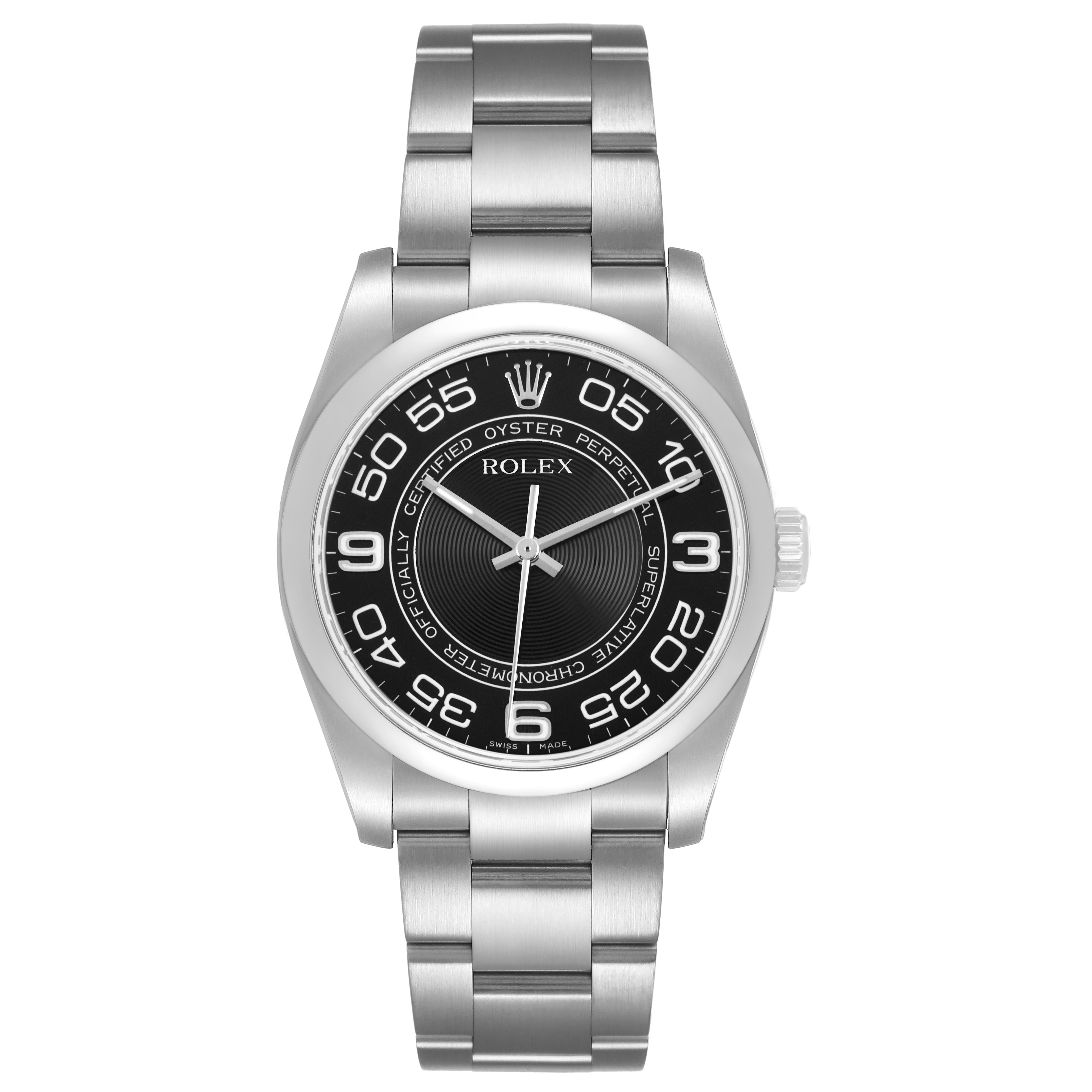 The Rolex Oyster Perpetual 116000 Men's Stainless Steel Black Dial watch is shown from a front angle, displaying the dial, bezel, and bracelet clearly.