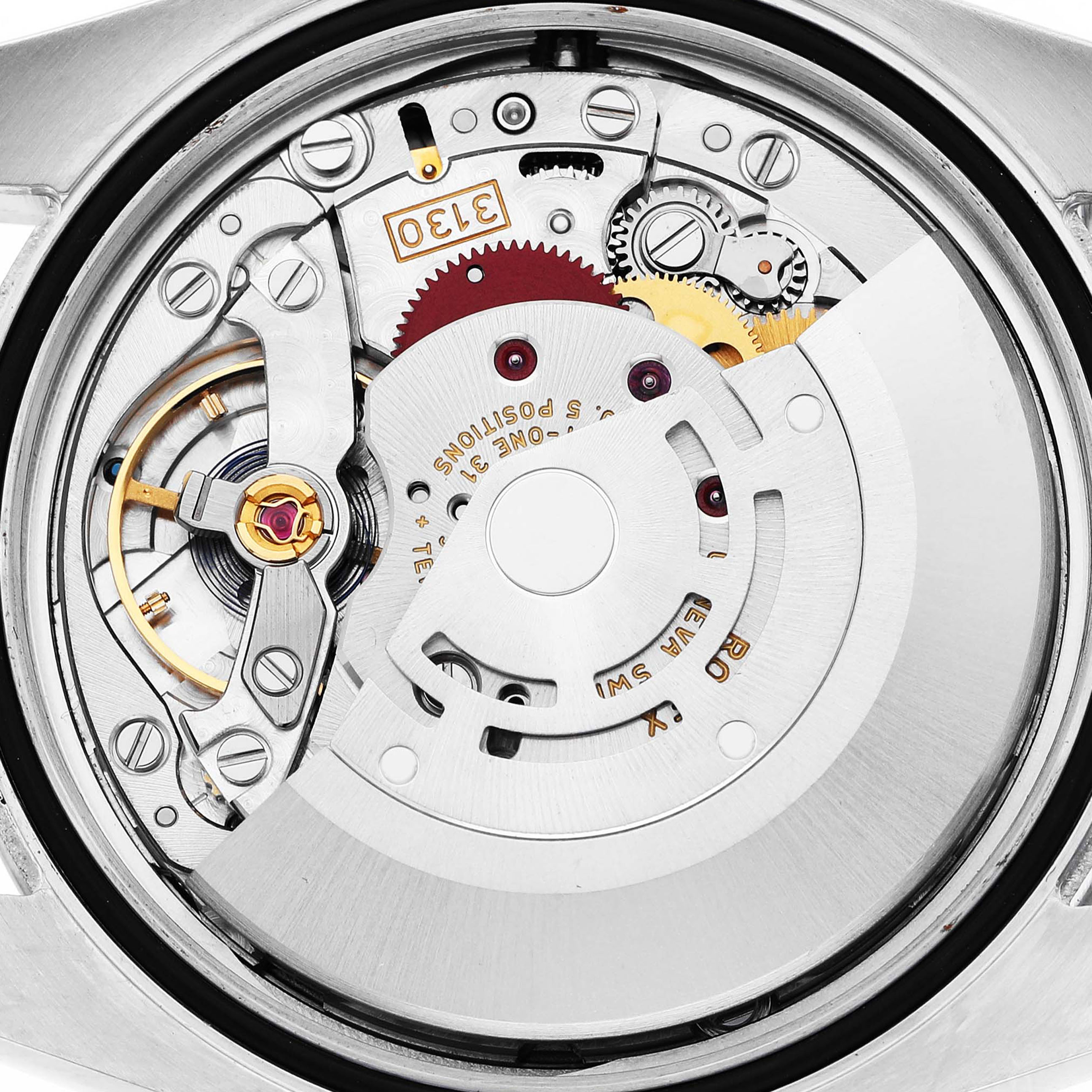 The image shows an intricate view of the movement and components inside a Rolex Oyster Perpetual 116000 Men's Stainless Steel Black Dial watch.