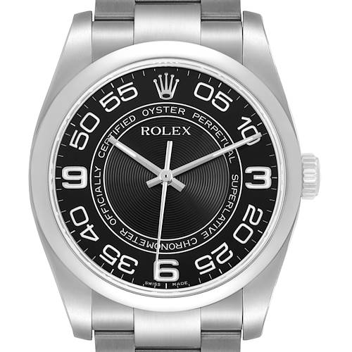 The Rolex Oyster Perpetual 116000 Men's Stainless Steel Black Dial watch is shown from the front, highlighting its dial, bezel, and bracelet.