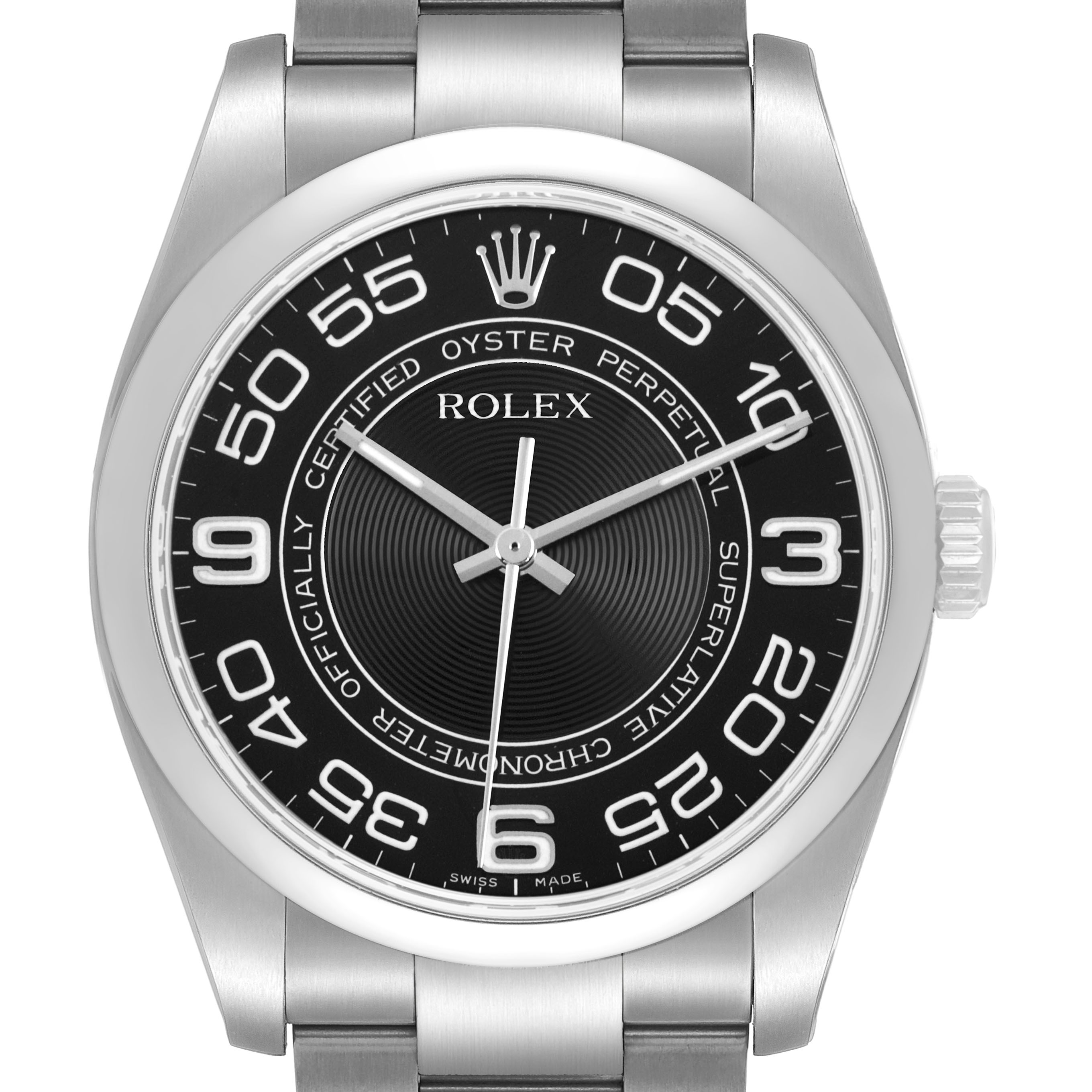 The Rolex Oyster Perpetual 116000 Men's Stainless Steel Black Dial watch is shown from a frontal angle, highlighting the black dial, numerals, and metal bracelet.