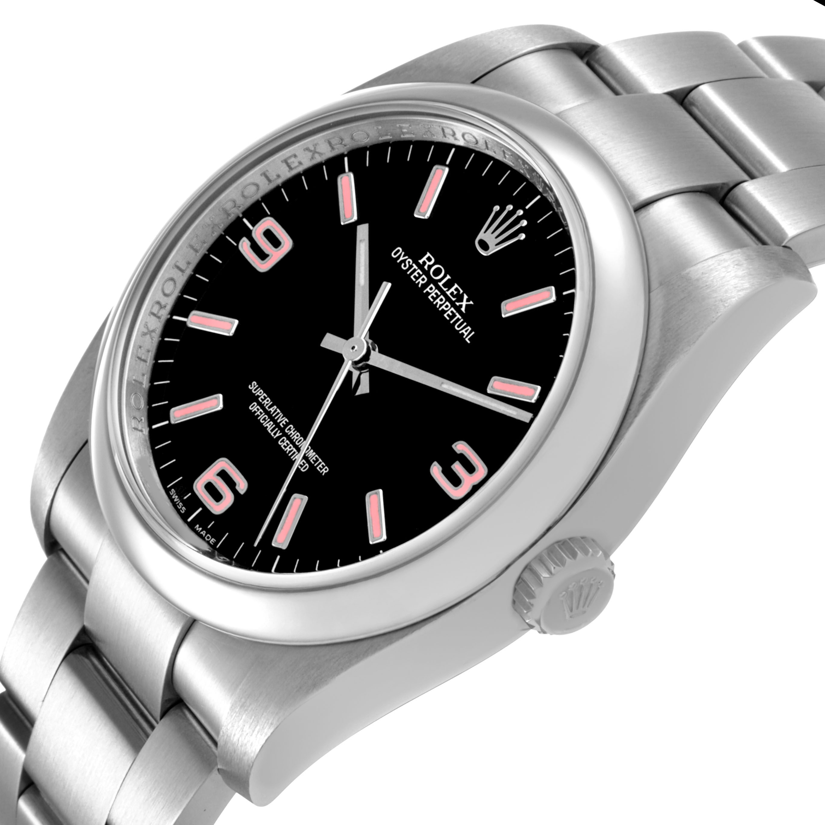 The Rolex Oyster Perpetual 116000 Men's Stainless Steel Black Dial watch is shown from a side angle highlighting the dial, bracelet, and crown.