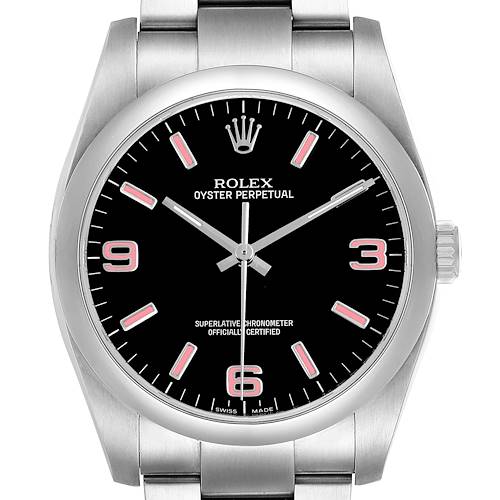 The image shows a frontal view of a Rolex Oyster Perpetual 116000 Men's Stainless Steel Black Dial watch, highlighting its face, dial, and crown.