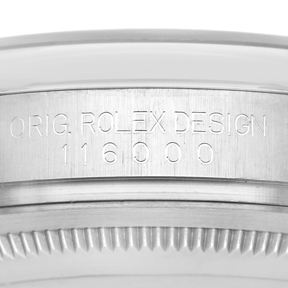 The image shows a close-up of the side of a Rolex Oyster Perpetual 116000 Men's Stainless Steel Black Dial 116000, highlighting the engraved design details.