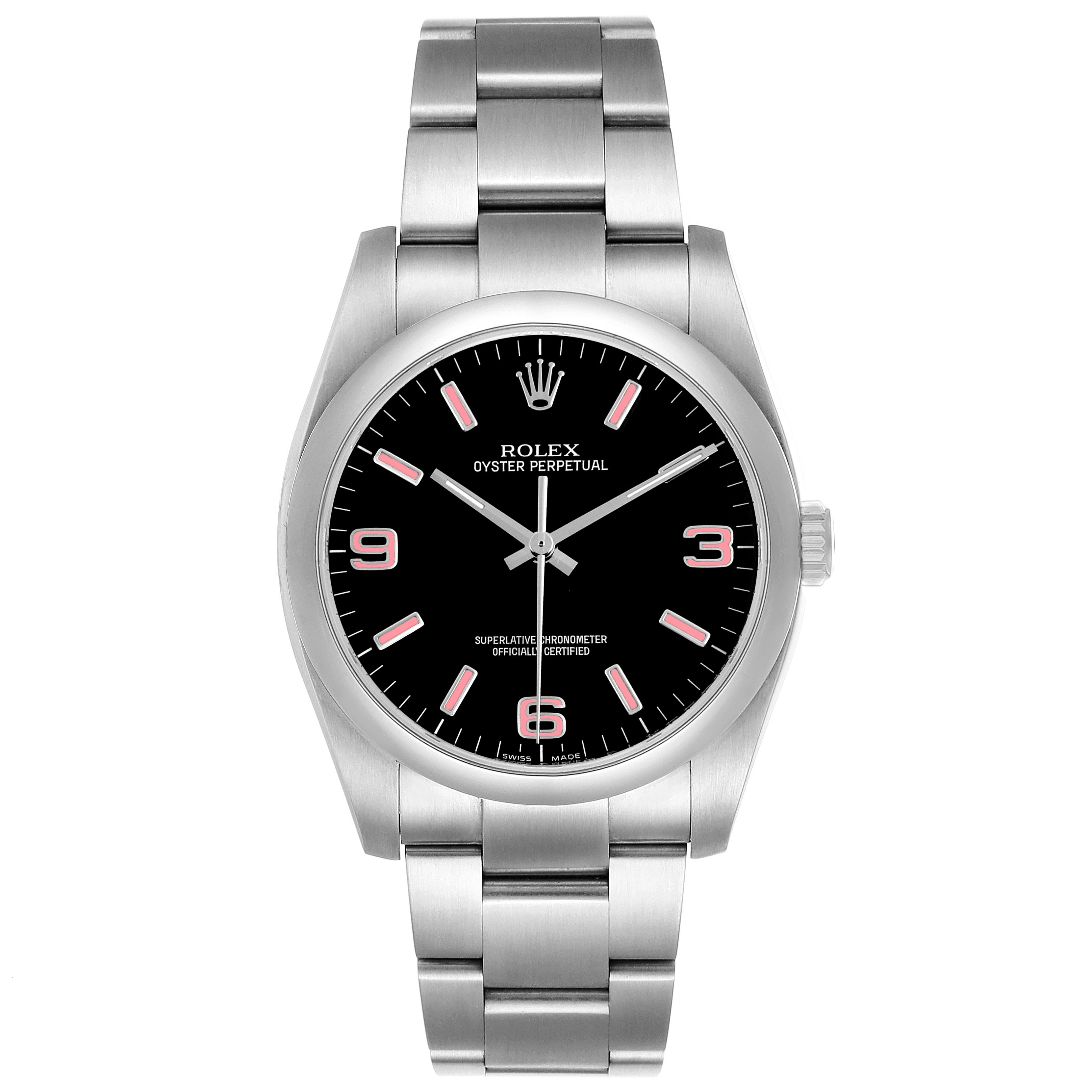 The Rolex Oyster Perpetual 116000 Men's Stainless Steel Black Dial watch is shown from a front angle, displaying the dial, bezel, and stainless steel bracelet.