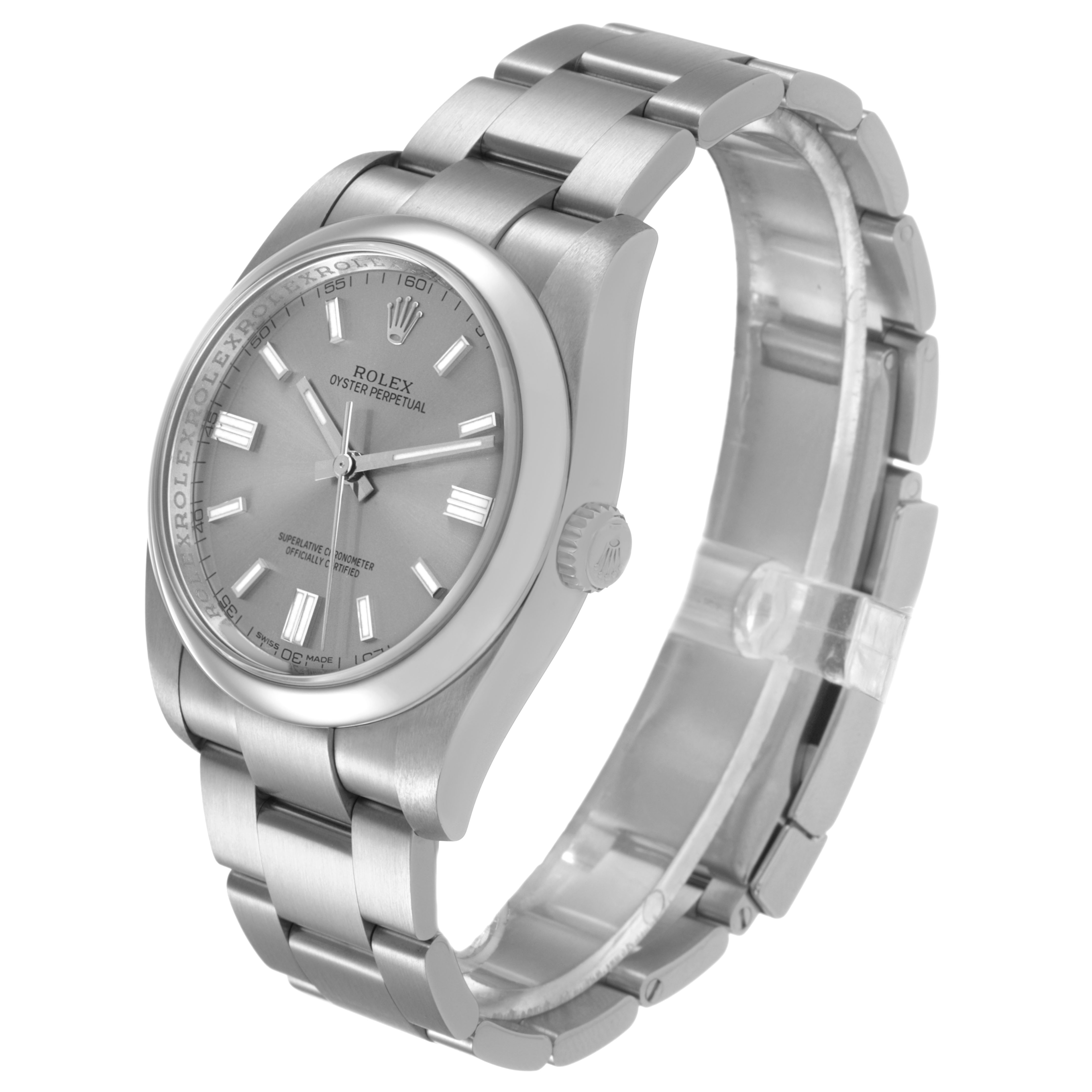 The Rolex Oyster Perpetual 116000 Men's Stainless Steel Silver Dial watch is shown at a slightly tilted angle, displaying the face, bezel, crown, and bracelet.