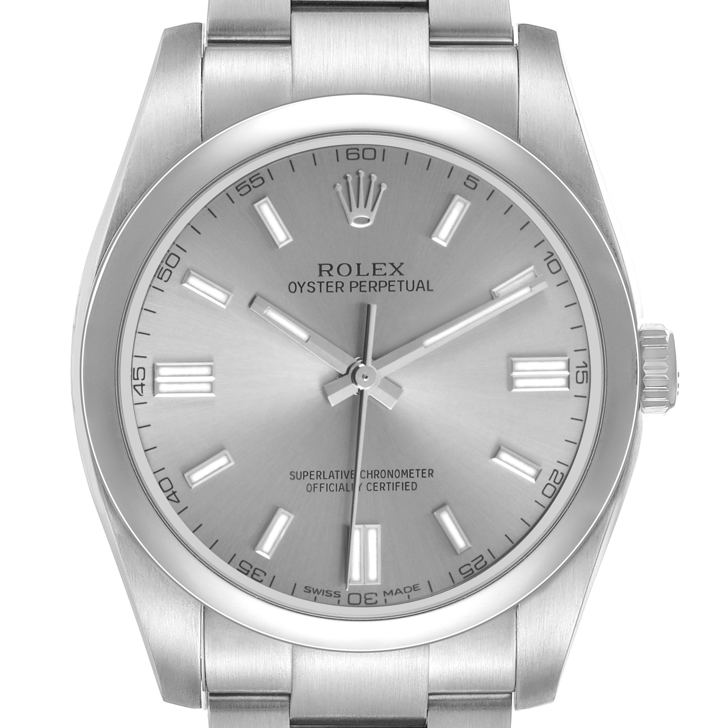 The Rolex Oyster Perpetual 116000 Men's Stainless Steel Silver Dial watch is shown from the front, displaying the dial, bezel, crown, and part of the bracelet.
