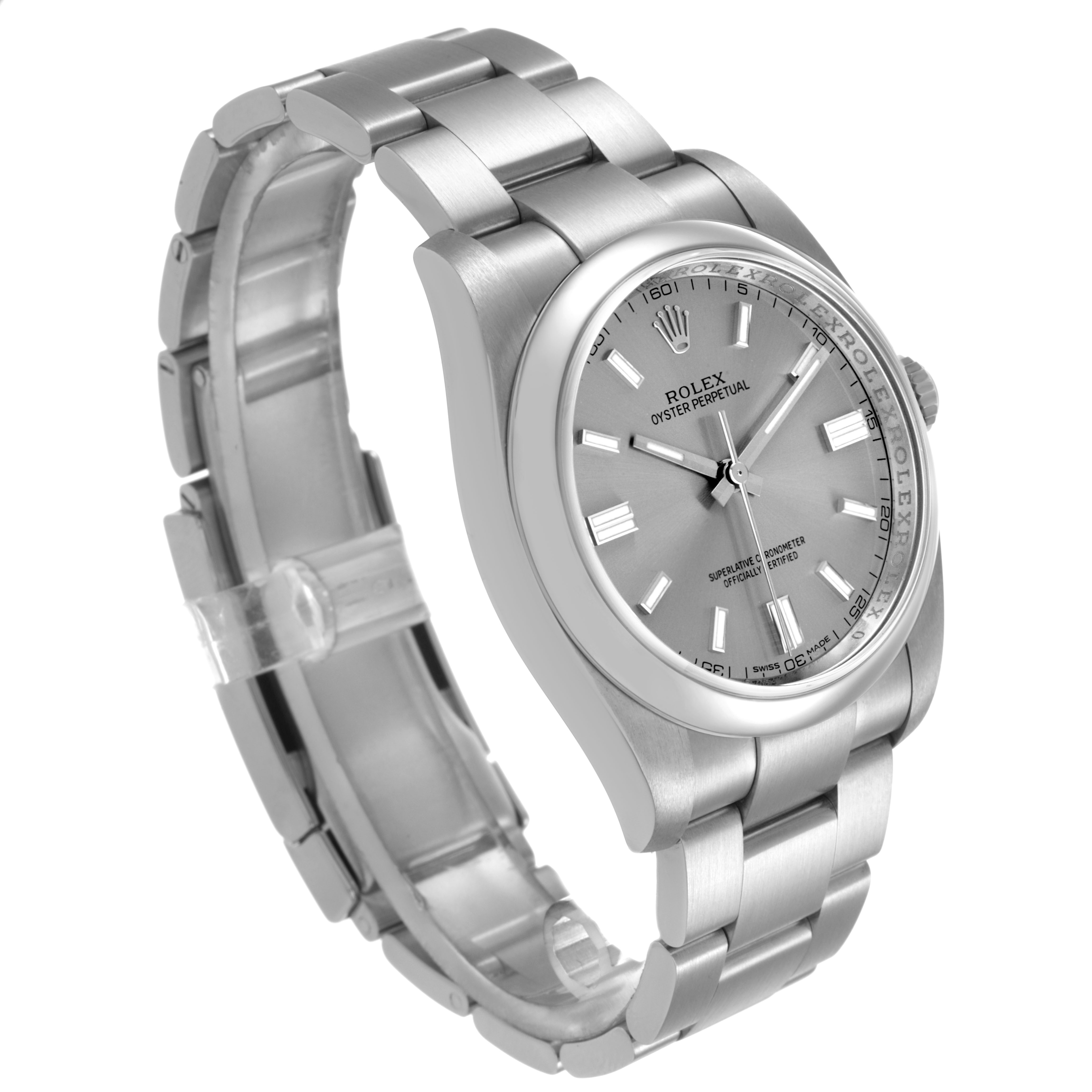 The Rolex Oyster Perpetual 116000 Men's Stainless Steel Silver Dial watch is shown from a three-quarter angle, displaying the bracelet, case, and dial.