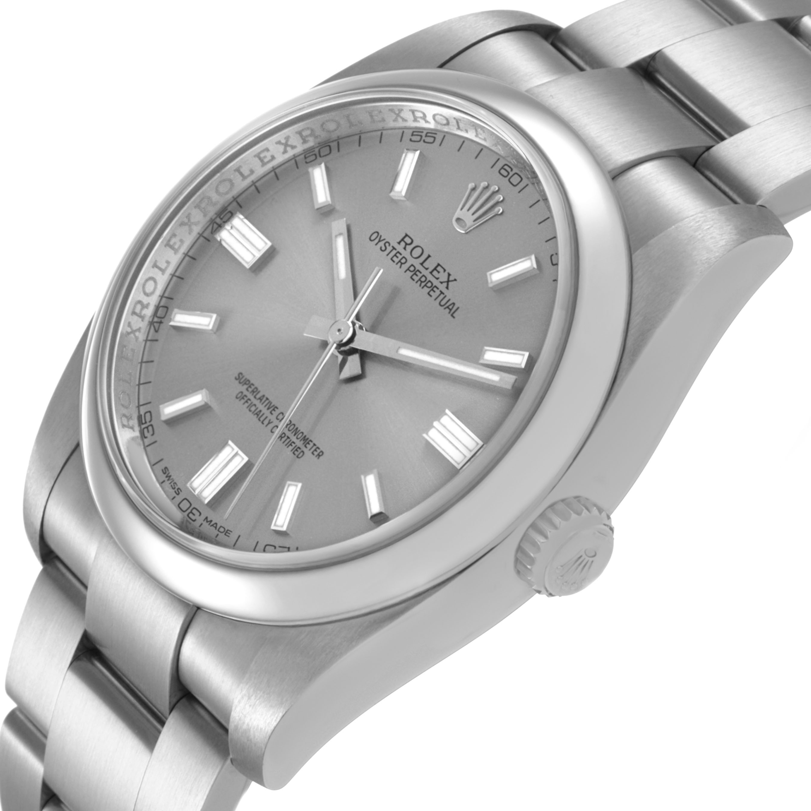 The Rolex Oyster Perpetual 116000 Men's Stainless Steel Silver Dial watch is shown at an angled side view, highlighting the dial, bezel, and bracelet.