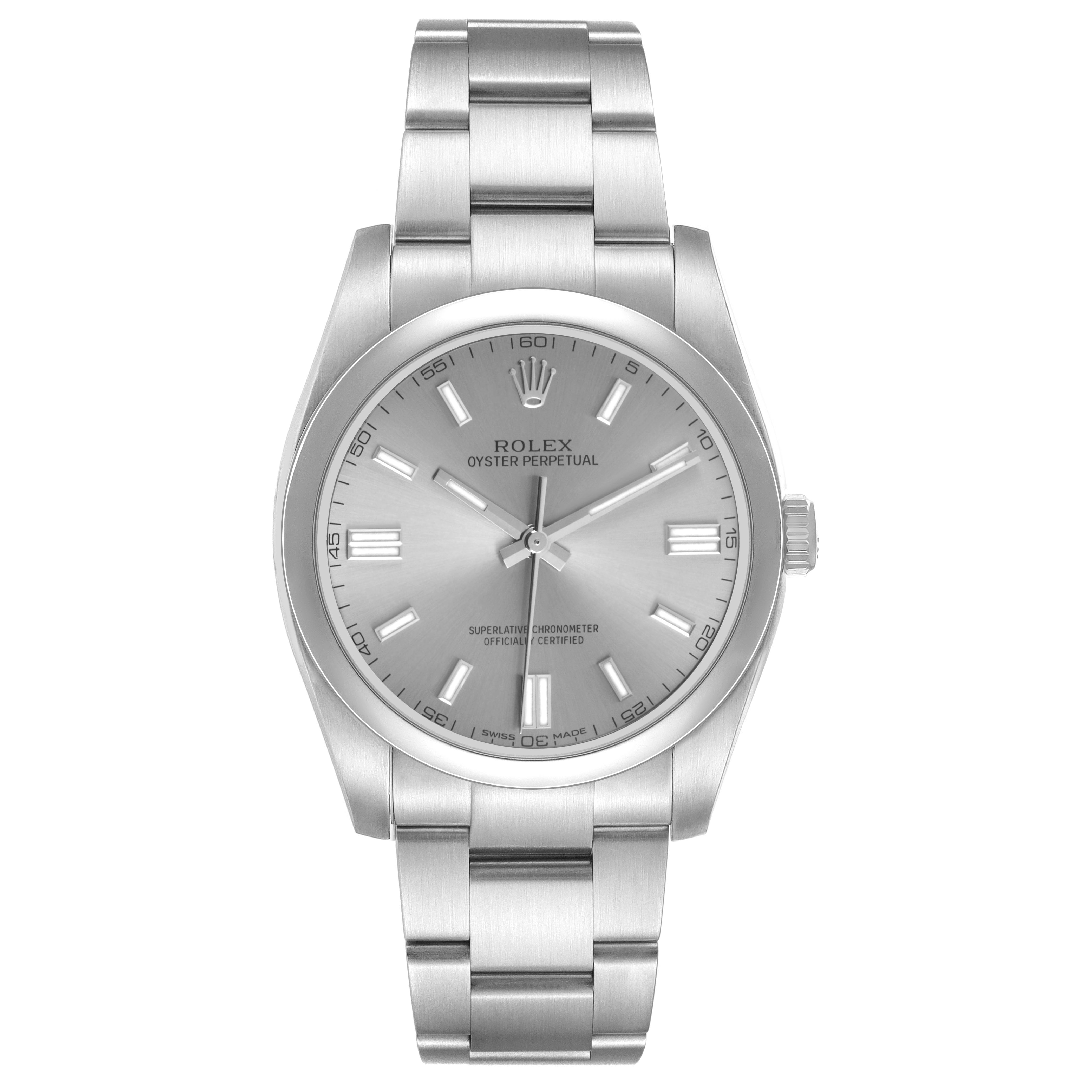 The Rolex Oyster Perpetual 116000 Men's Stainless Steel Silver Dial watch is shown from a front angle, displaying the dial, case, and bracelet.