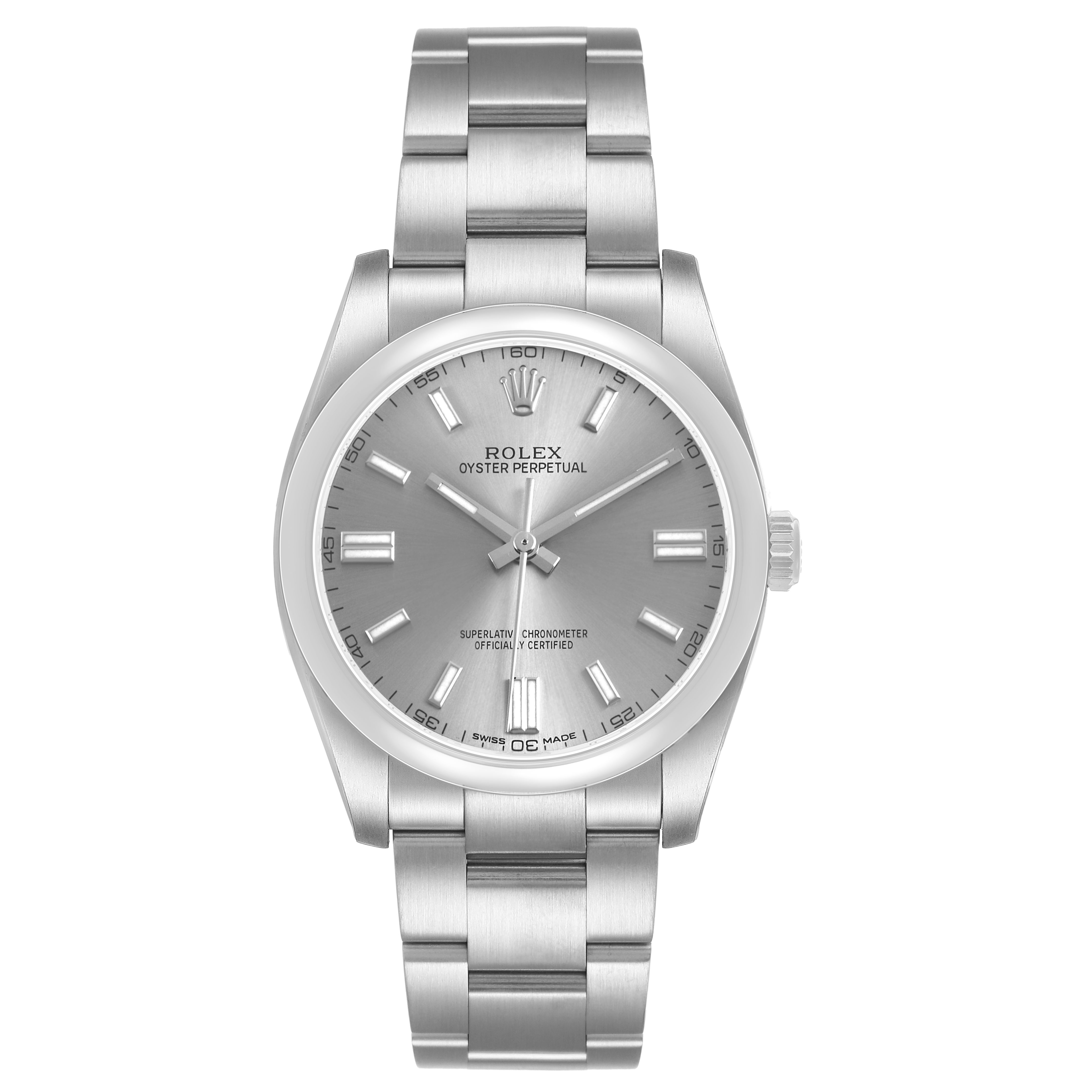 The Rolex Oyster Perpetual 116000 Men's Stainless Steel Silver Dial watch is shown from a front angle, displaying the dial, bracelet, and casing.