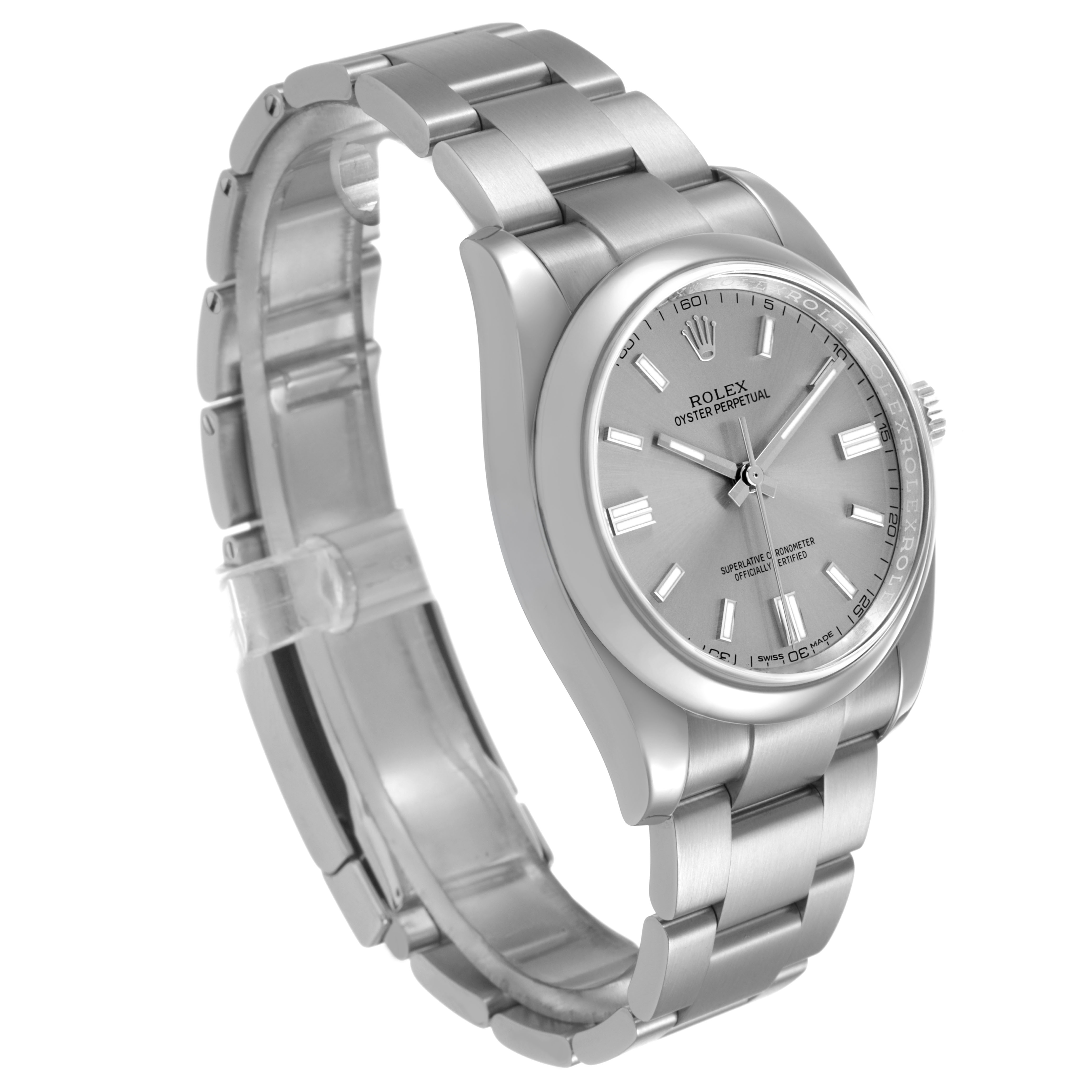 The Rolex Oyster Perpetual 116000 Men's Stainless Steel Silver Dial watch is shown at a three-quarter angle, displaying the bracelet, case, and dial.