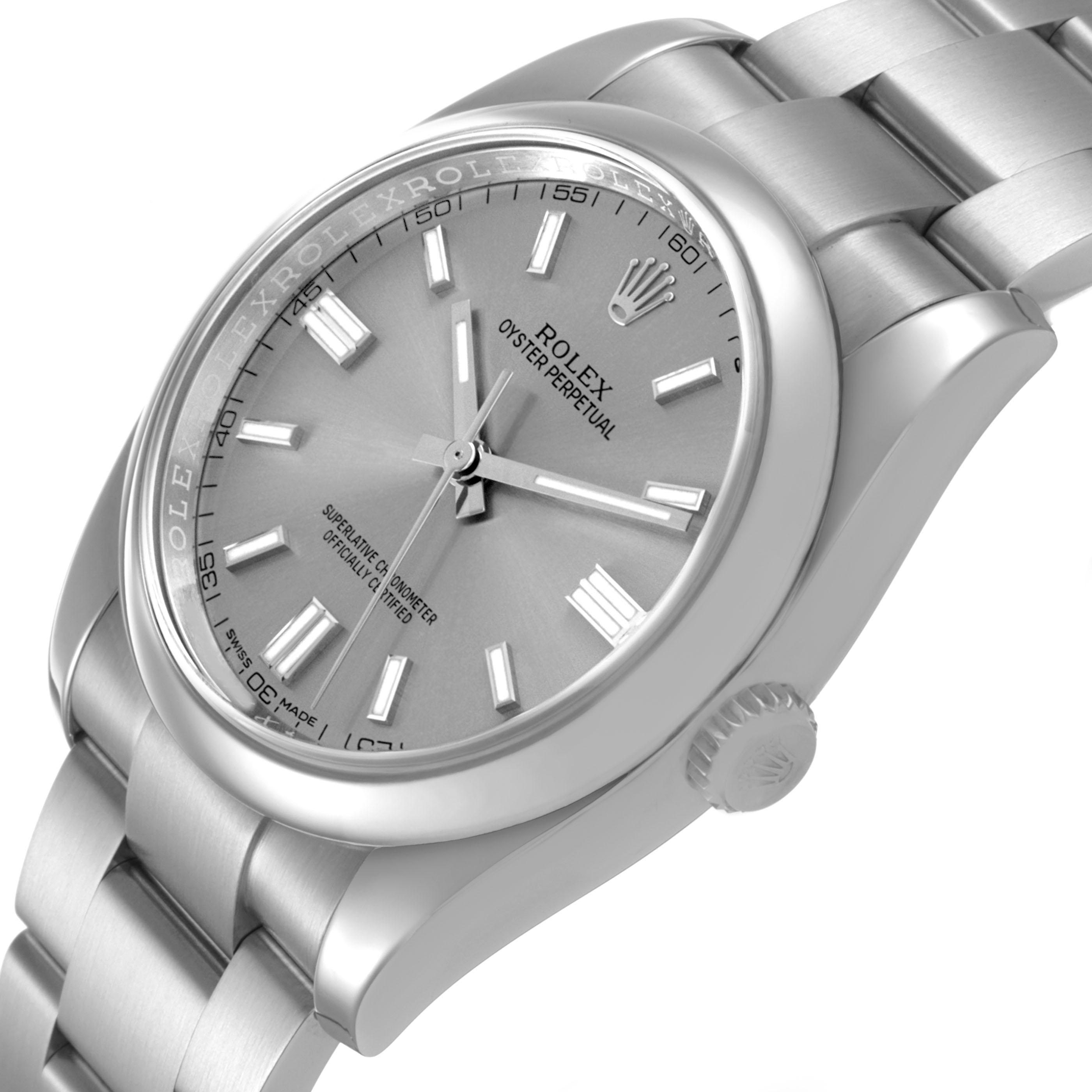 The Rolex Oyster Perpetual 116000 Men's Stainless Steel Silver Dial watch is shown from a slightly angled front view, highlighting the dial, bezel, crown, and bracelet.