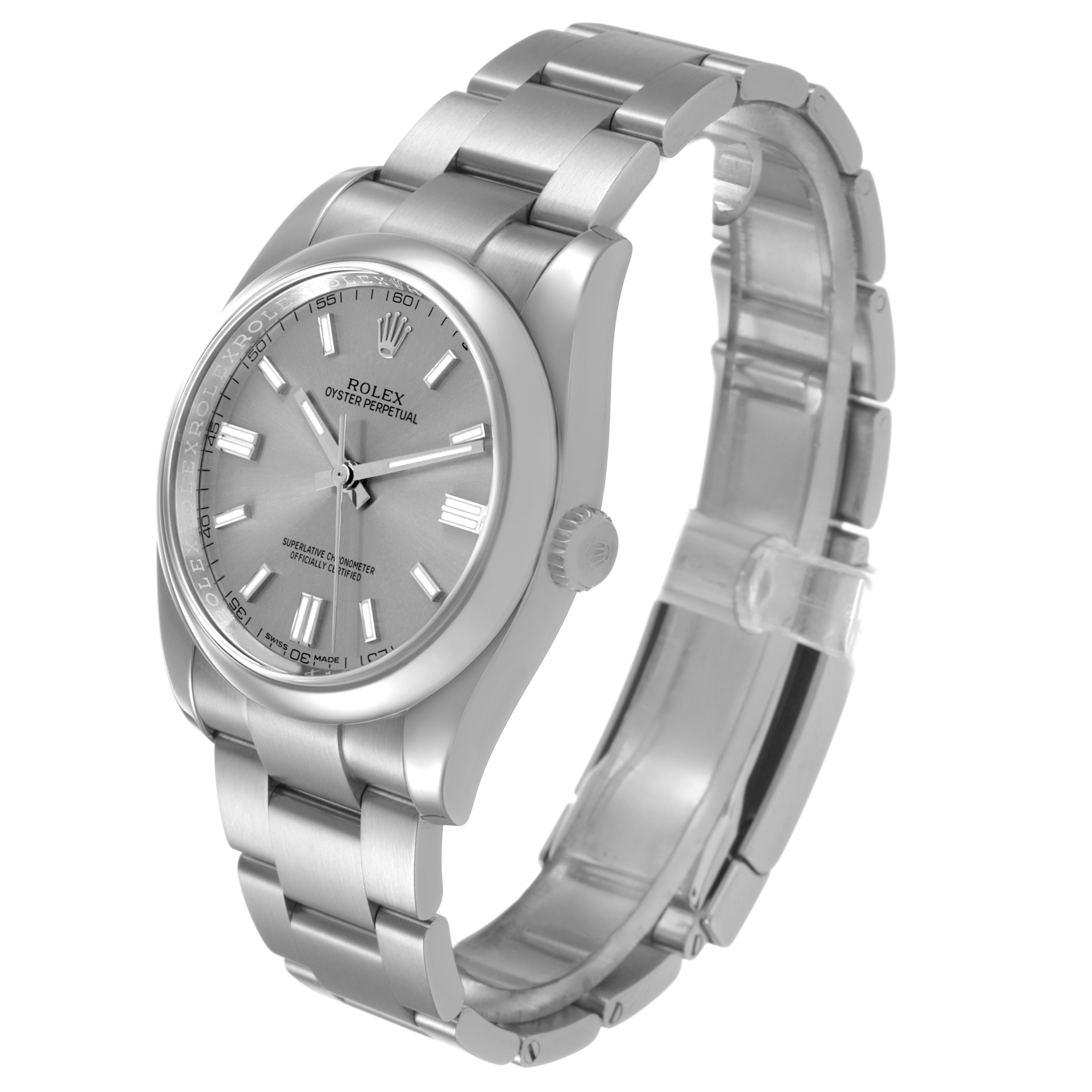 The Rolex Oyster Perpetual 116000 Men's Stainless Steel Silver Dial watch is shown at a three-quarter angle, highlighting the face, bezel, bracelet, and crown.