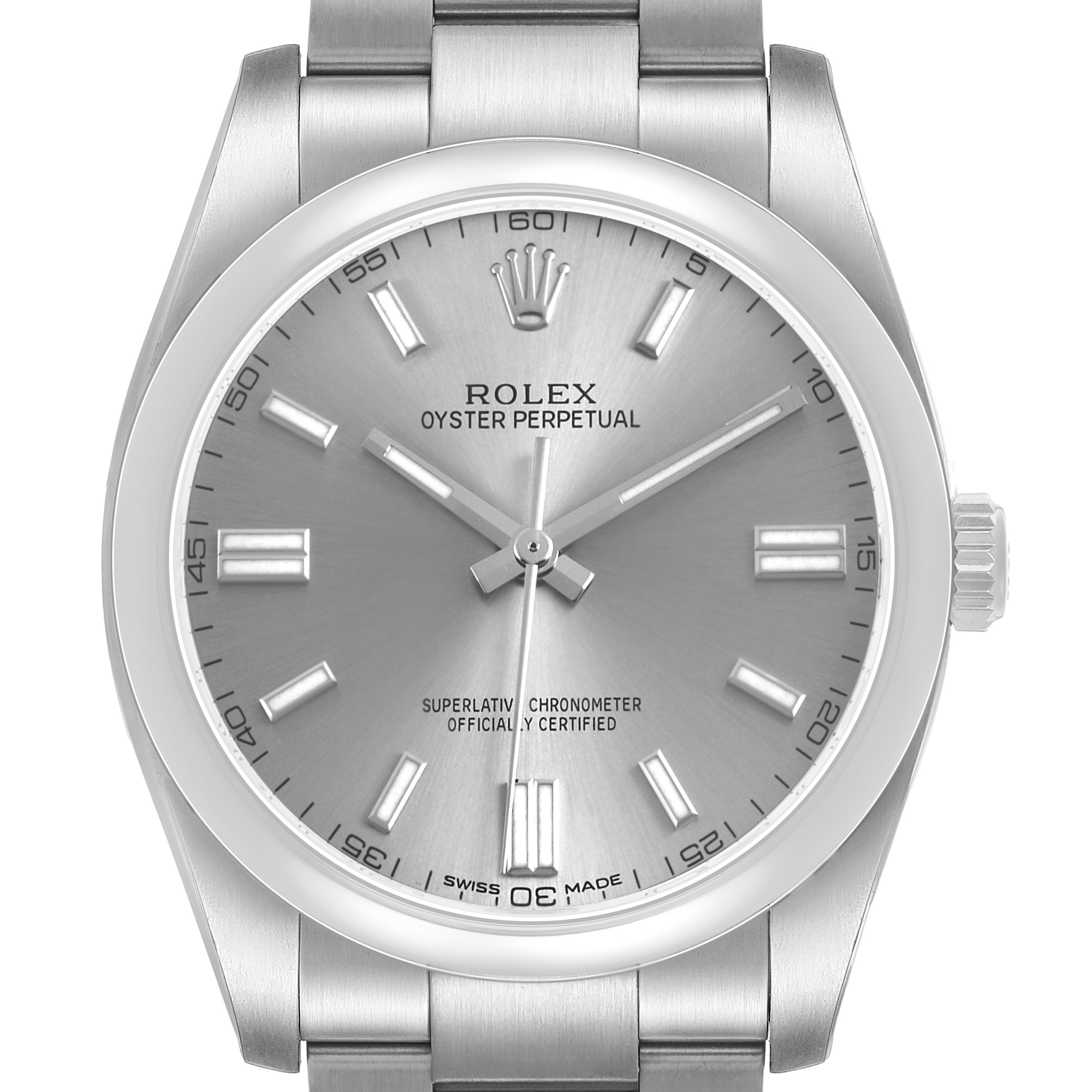 The image shows a frontal view of the Rolex Oyster Perpetual 116000 Men's Stainless Steel Silver Dial, displaying its dial, bezel, crown, and part of the bracelet.