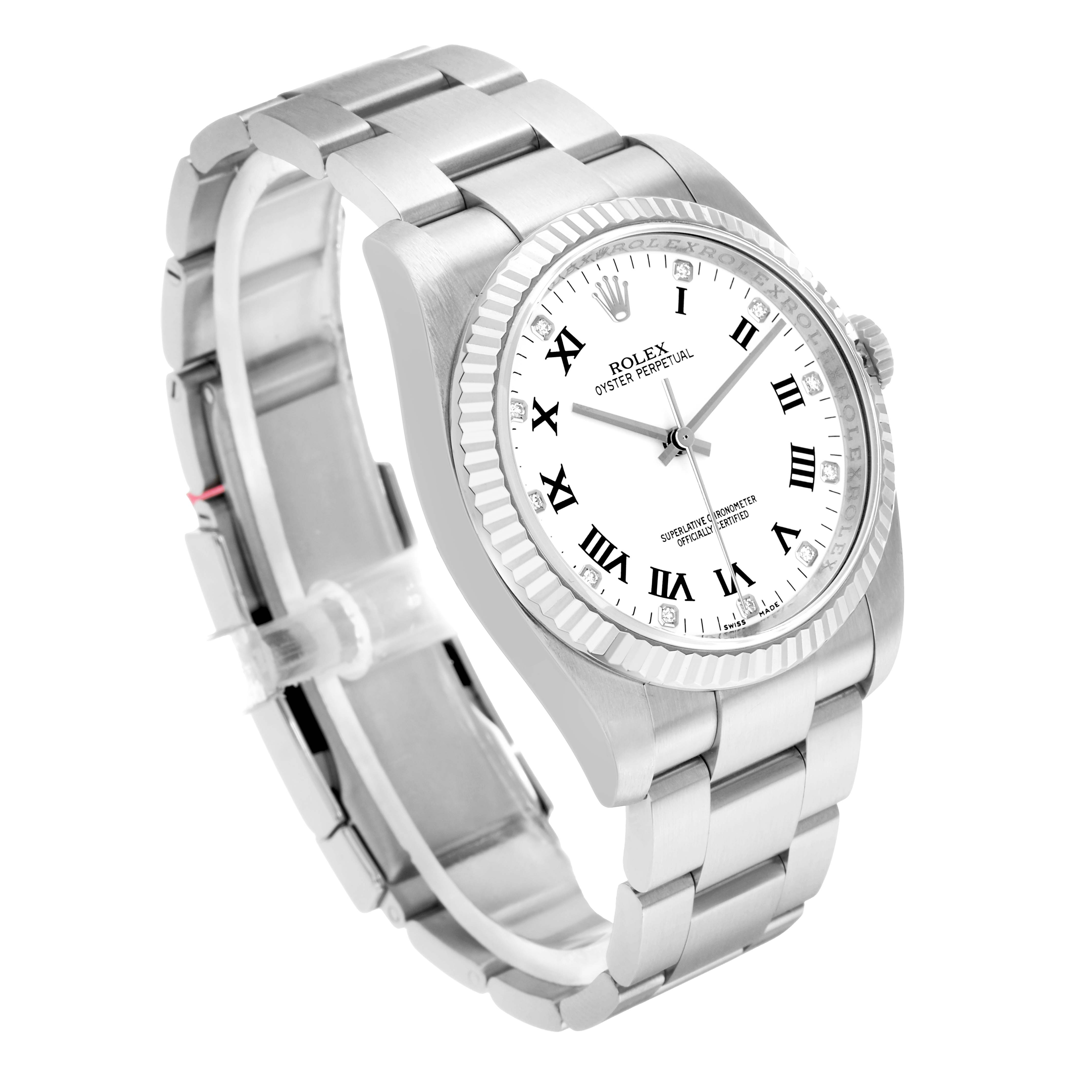 The image shows a Rolex Oyster Perpetual 116034 Men
s Stainless Steel White Dial watch at an angled side view, displaying the face, bezel, and bracelet clearly.
