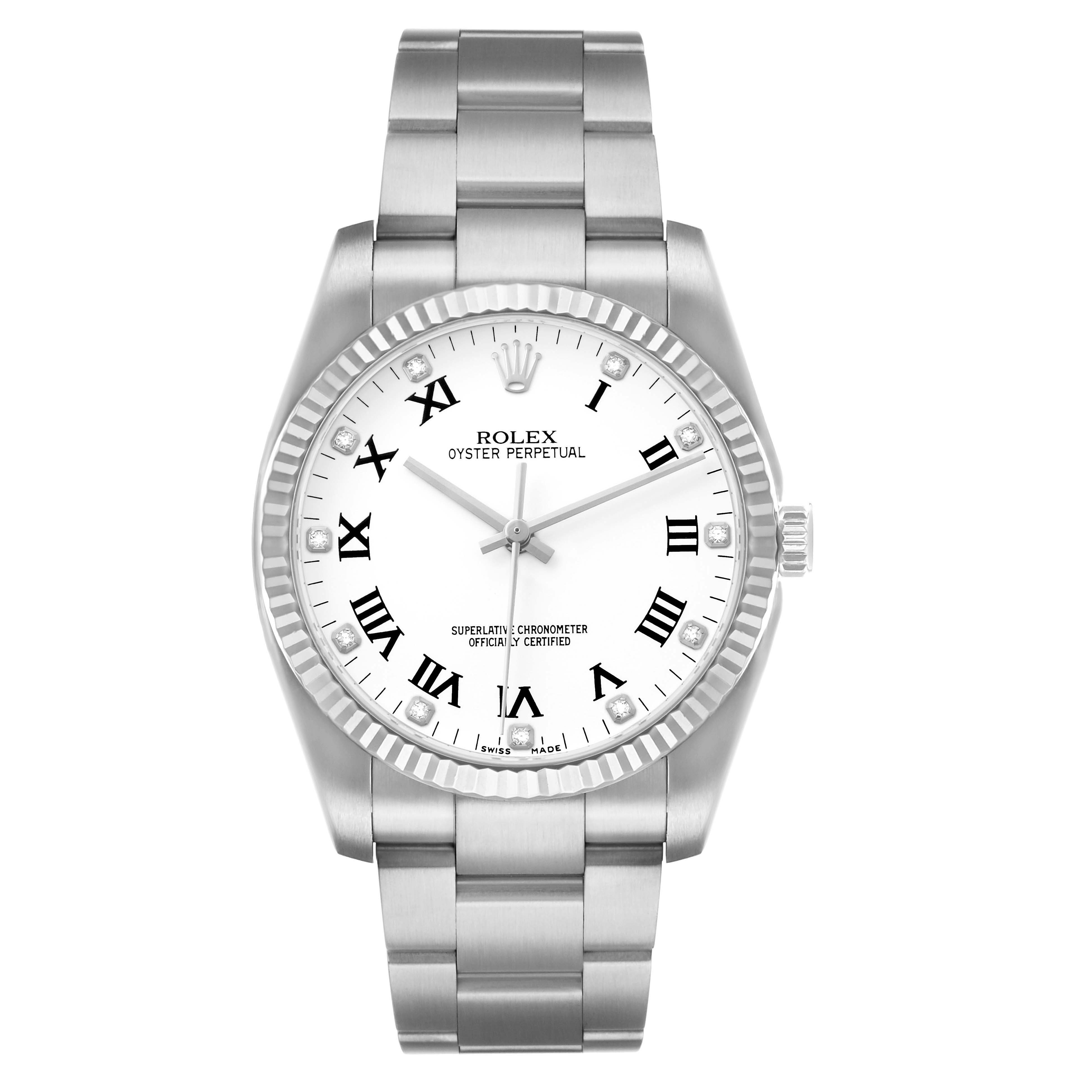 The image shows a front view of the Rolex Oyster Perpetual 116034 Men
s Stainless Steel White Dial, highlighting the dial, bezel, and bracelet.