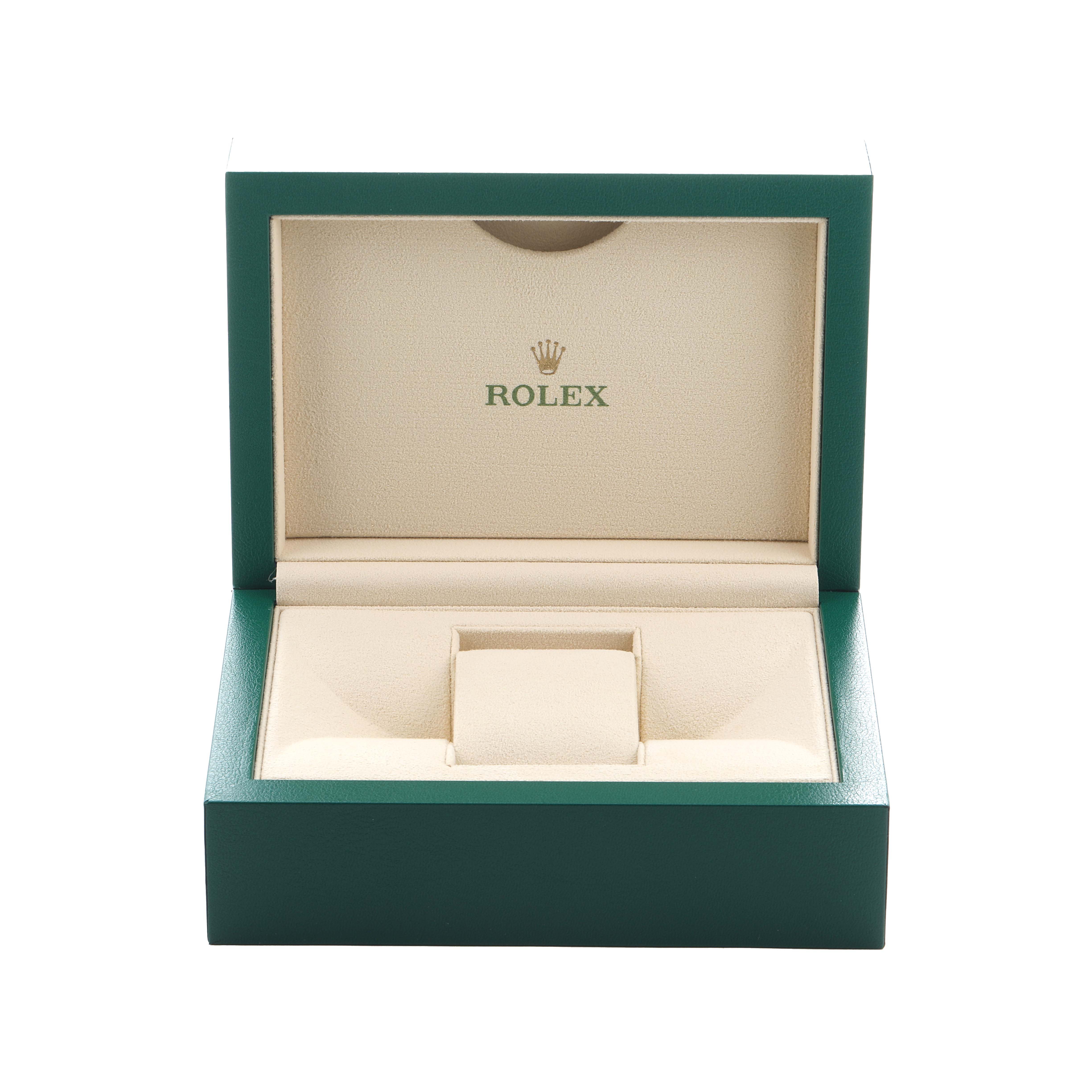 The image shows an open green and beige Rolex Oyster Perpetual 116034 Men
s Stainless Steel White Dial watch box, viewed from the front.