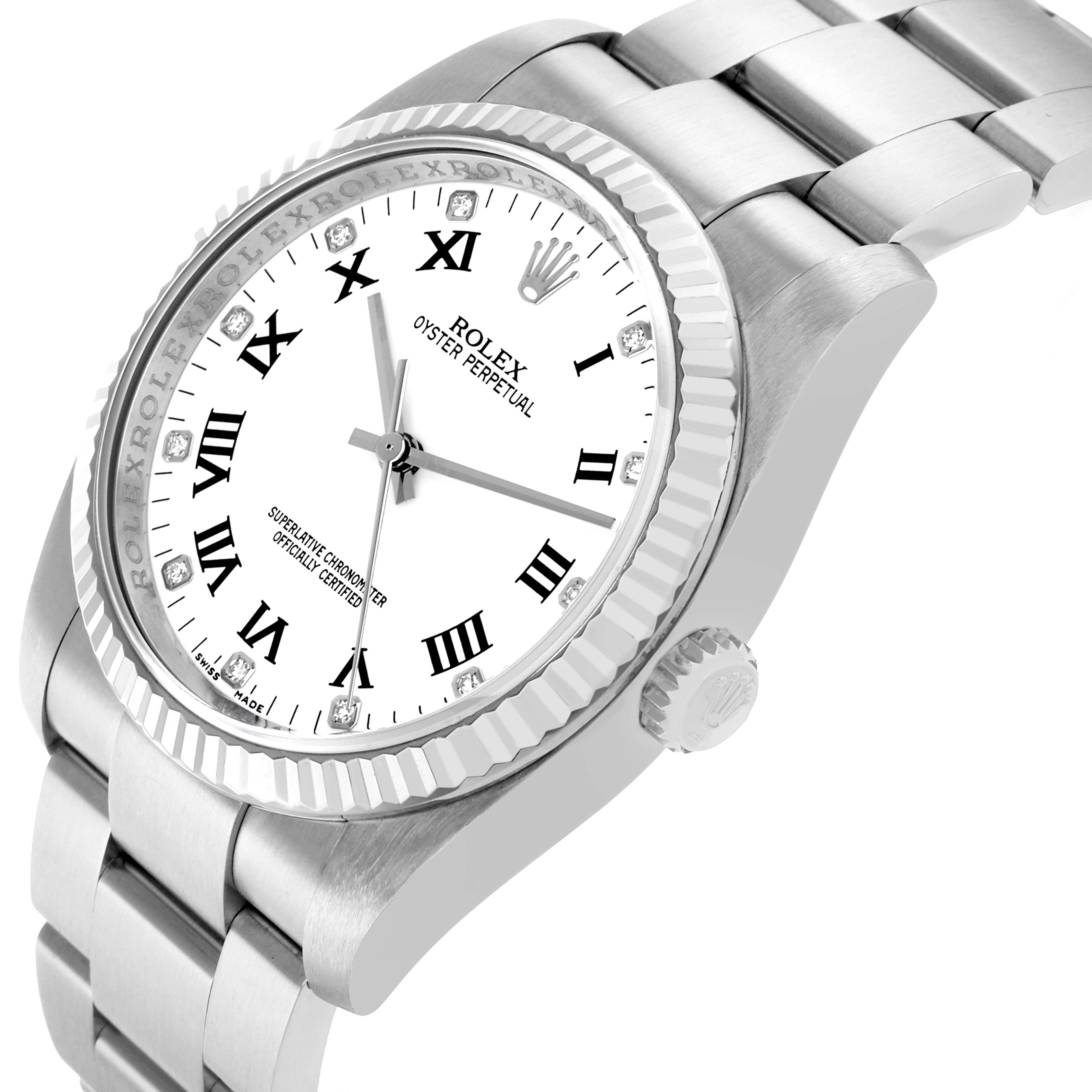The Rolex Oyster Perpetual 116034 Men
s Stainless Steel White Dial watch is shown at a slight angle, highlighting the face, bezel, crown, and part of the bracelet.