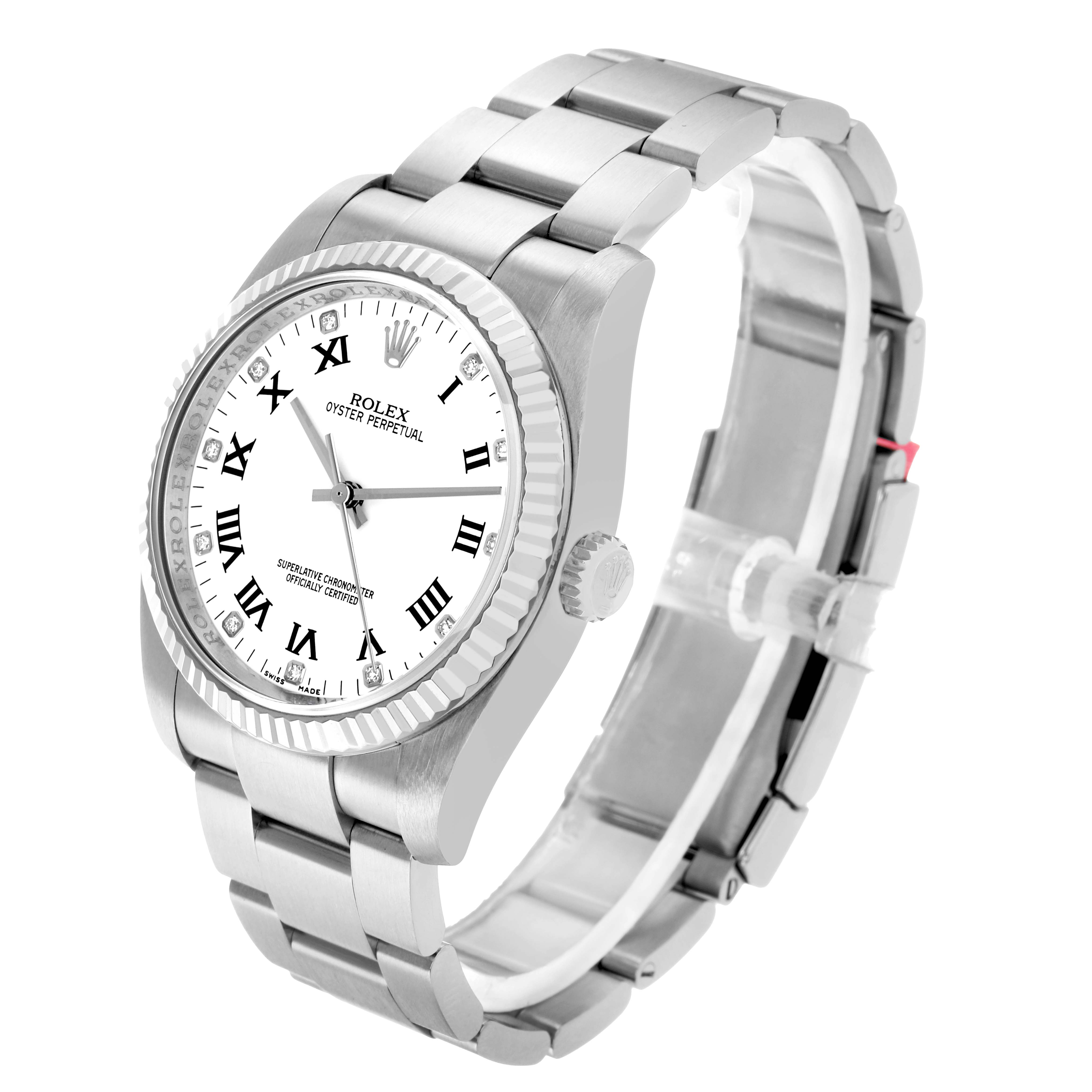 The Rolex Oyster Perpetual 116034 Men
s Stainless Steel White Dial watch is shown at a three-quarter angle, displaying its face, bezel, crown, and bracelet.