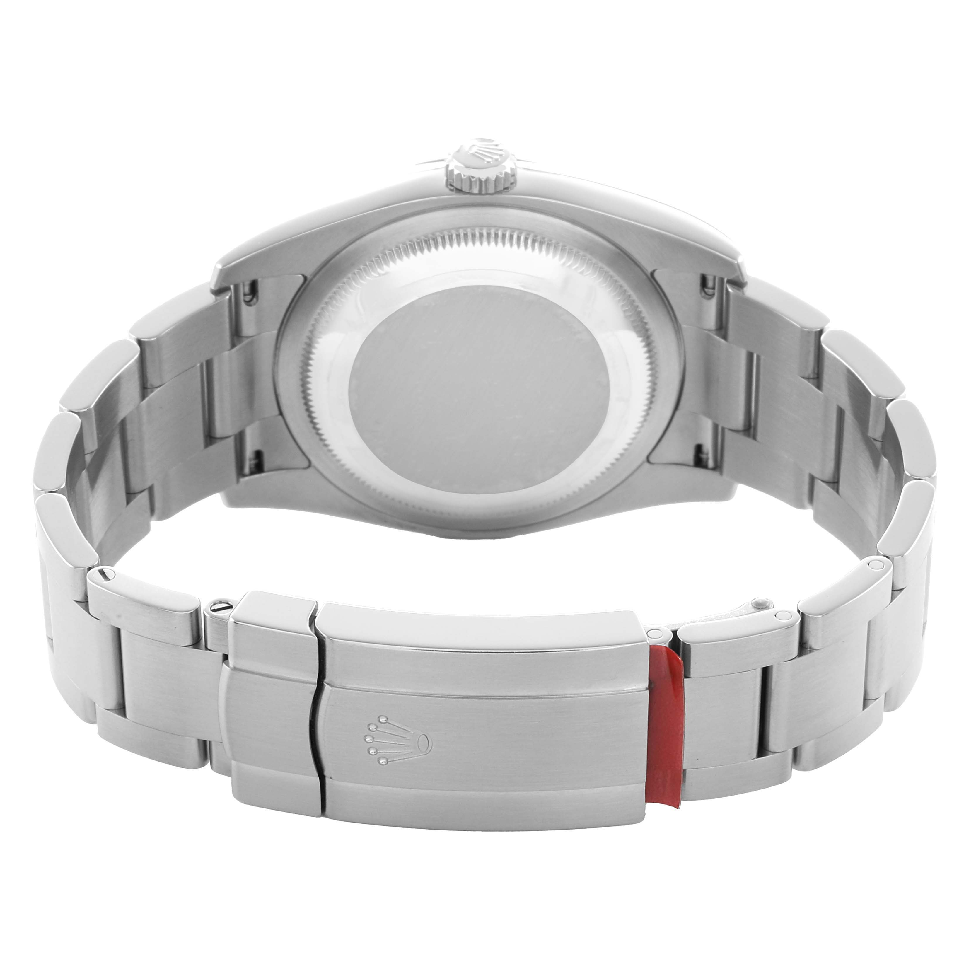 The image shows the back view of a Rolex Oyster Perpetual 116034 Men
s Stainless Steel White Dial watch, featuring the case back, bracelet, and clasp.