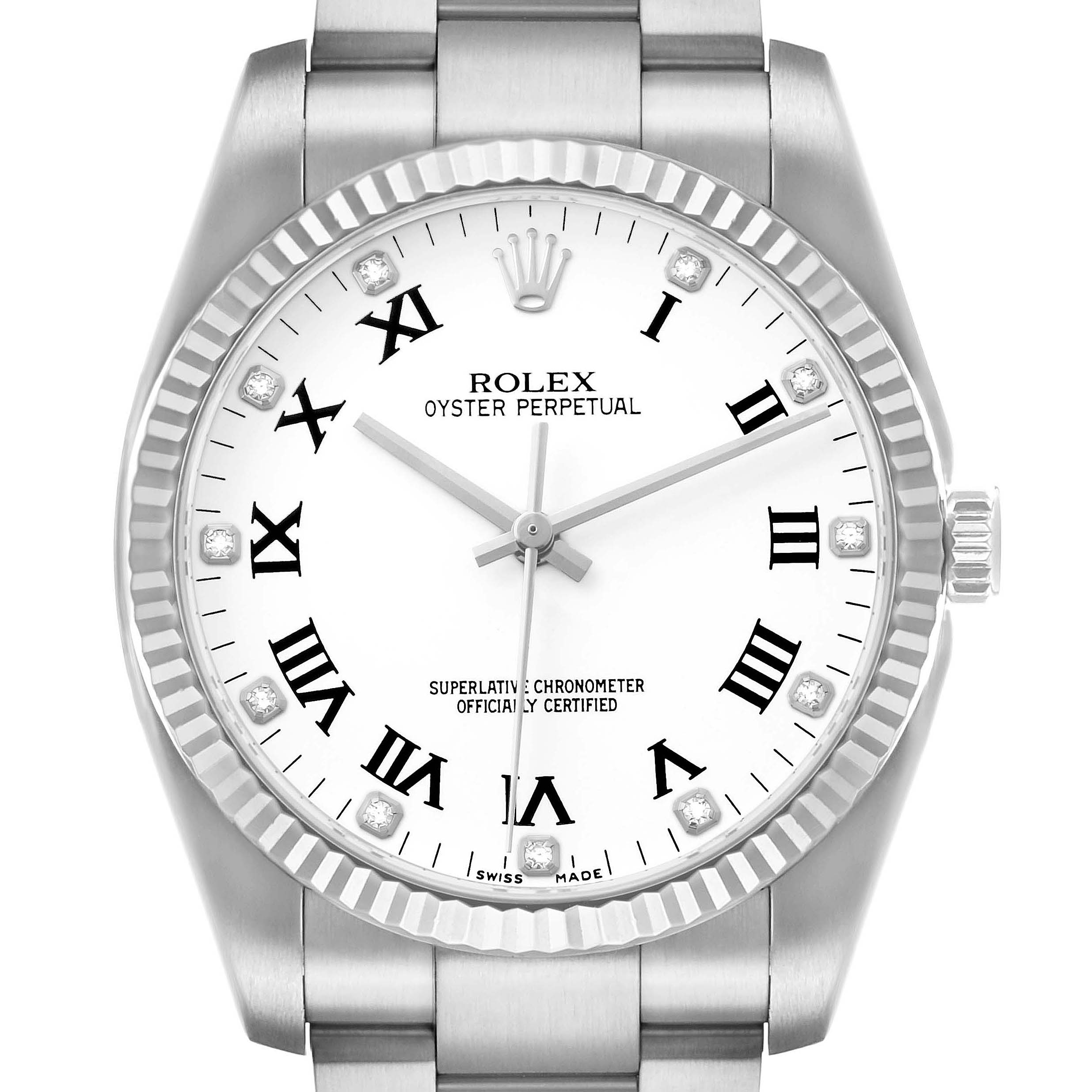This image shows a frontal view of a Rolex Oyster Perpetual 116034 Men
s Stainless Steel White Dial, highlighting the dial, bezel, and bracelet.
