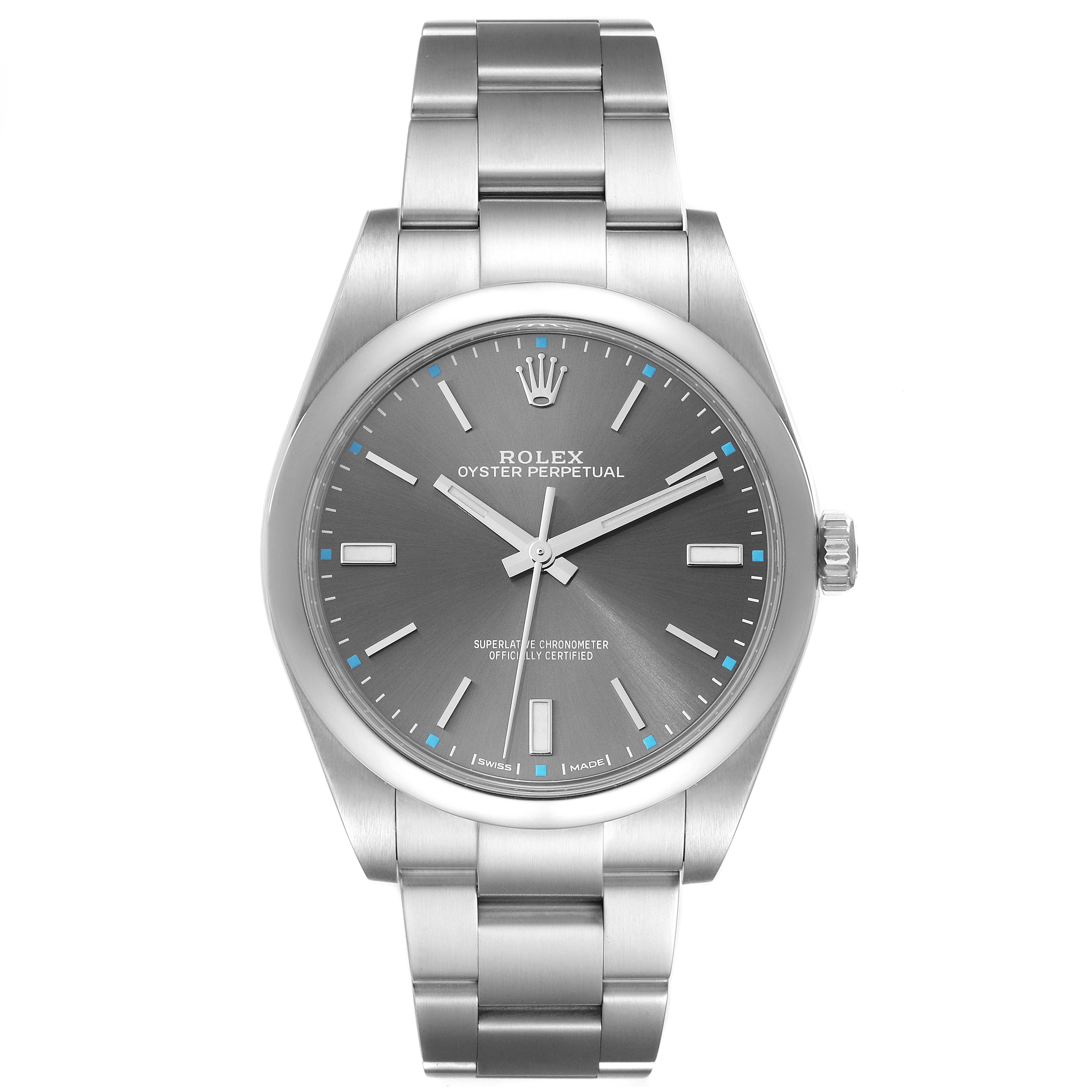 This is a front view of the Rolex Oyster Perpetual 114300 Men's Stainless Steel Grey Dial 114300 Men's Stainless Steel Grey Dial watch showing the face, dial, crown, and bracelet.