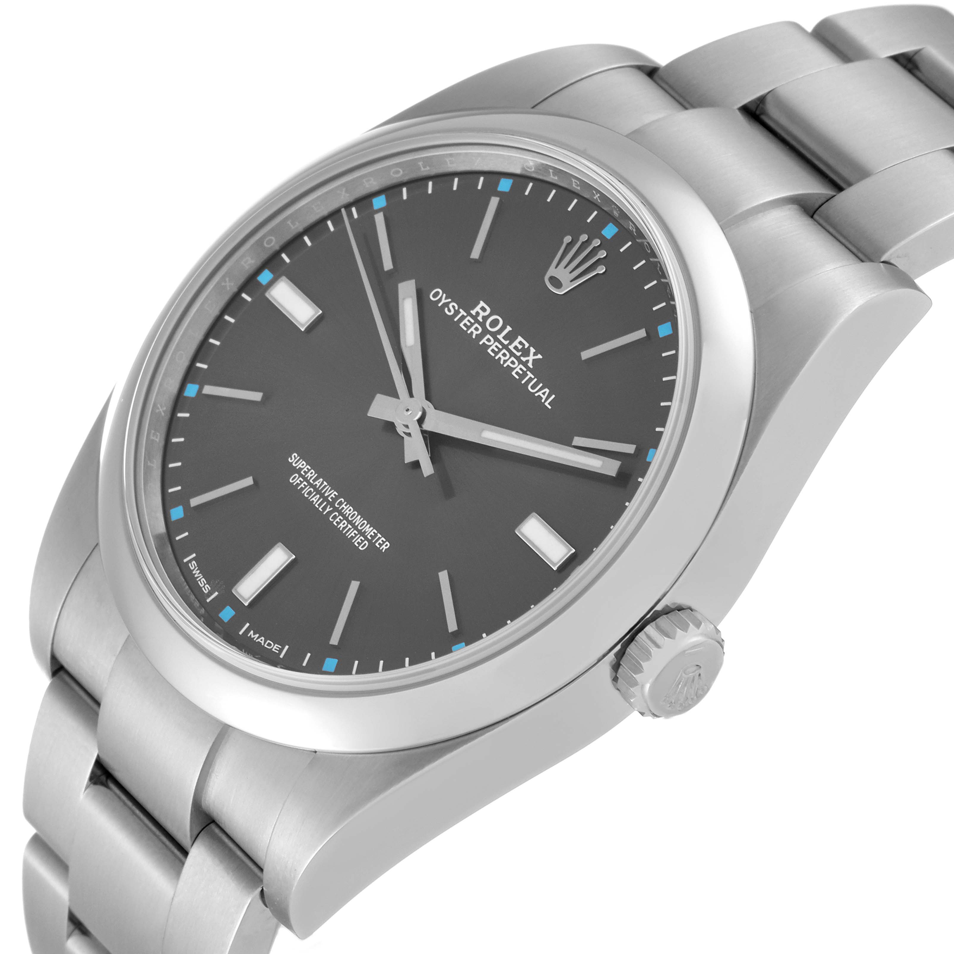 This image shows a side angle of a Rolex Oyster Perpetual 114300 Men's Stainless Steel Grey Dial 114300 Men's Stainless Steel Grey Dial watch, highlighting its dial, bezel, crown, and bracelet.