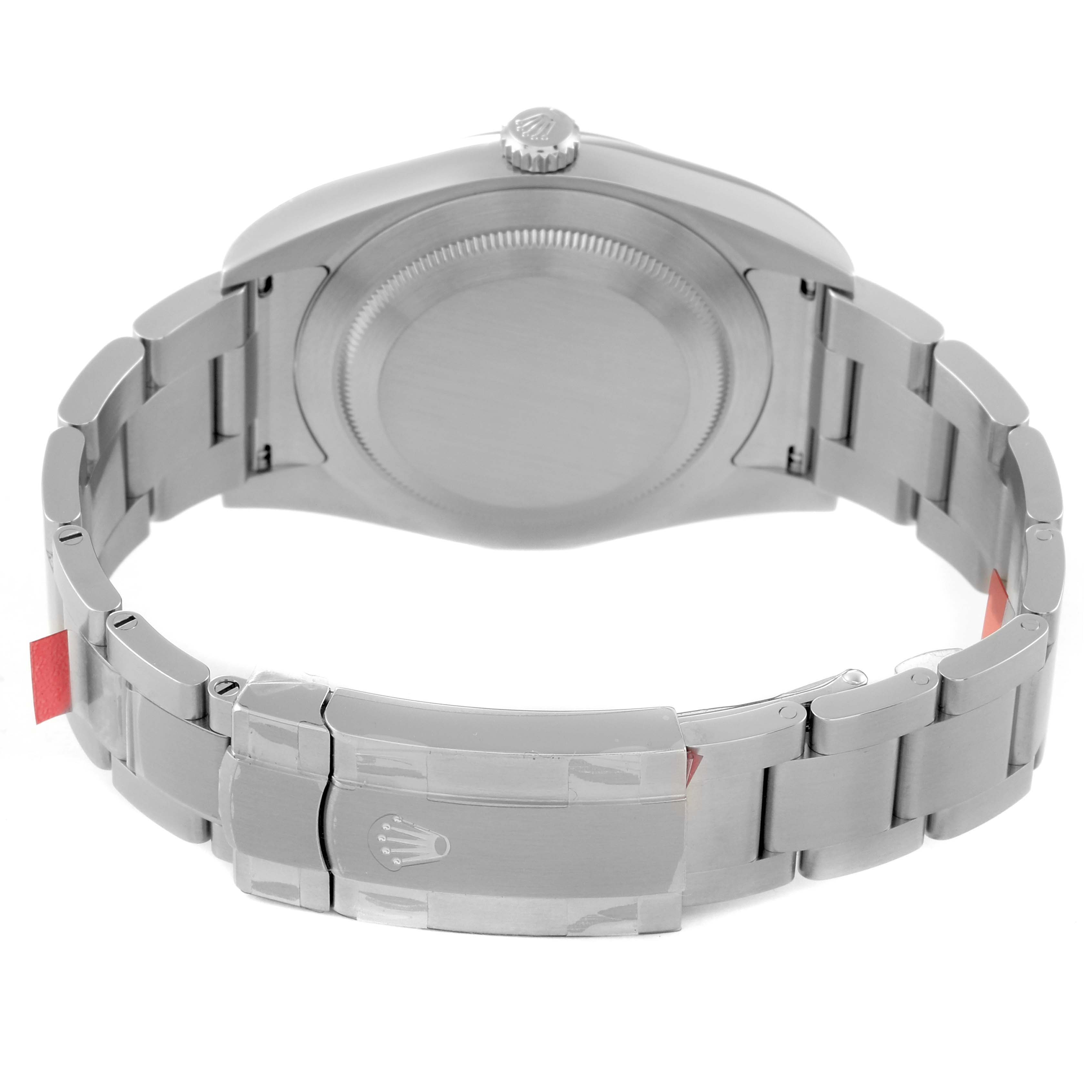 The image shows the back view of a Rolex Oyster Perpetual 114300 Men's Stainless Steel Grey Dial 114300 Men's Stainless Steel Grey Dial watch, highlighting the case back and bracelet with clasp.