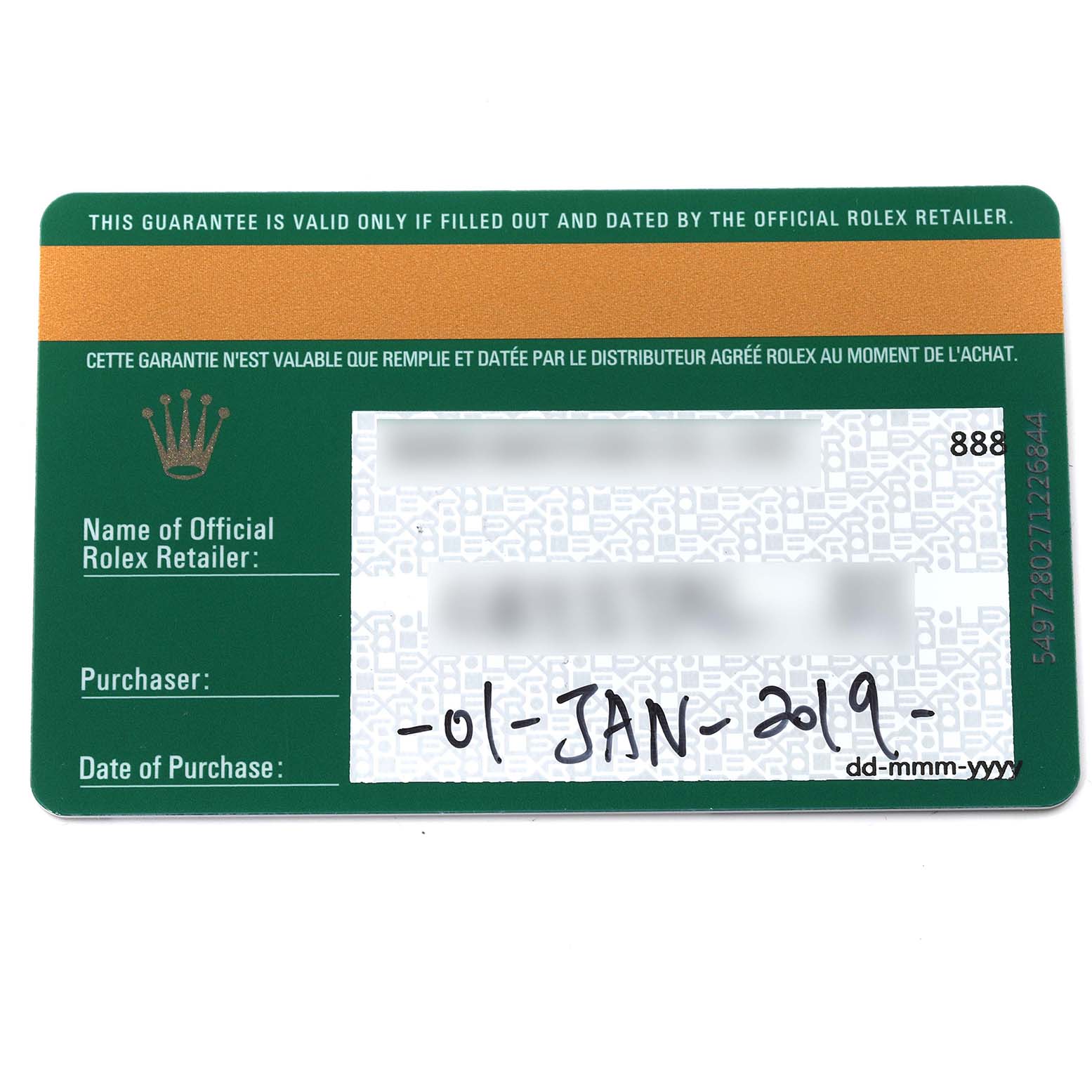 The image shows a guarantee card for the Rolex Oyster Perpetual 114300 Men's Stainless Steel Grey Dial 114300 Men's Stainless Steel Grey Dial model, not the watch itself.