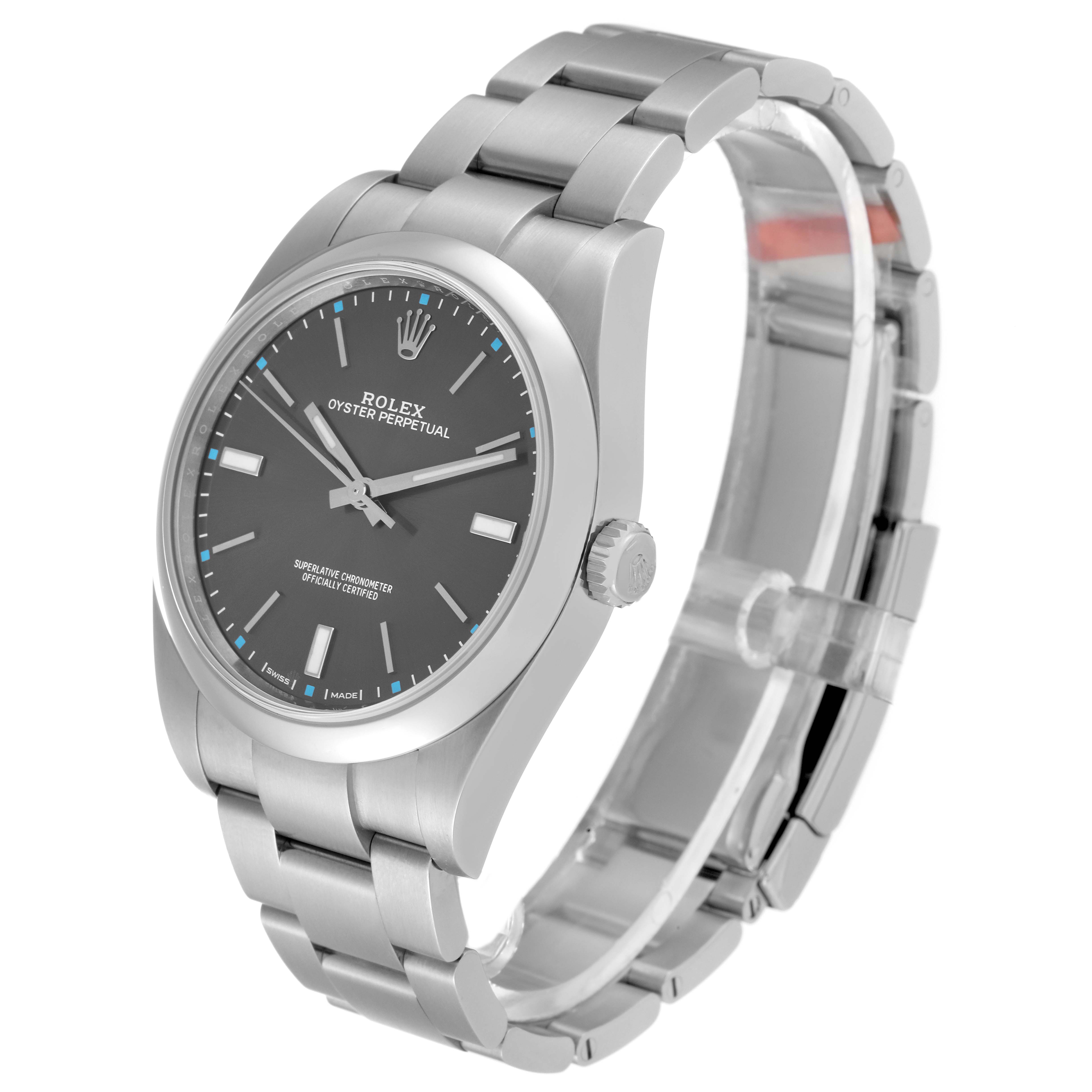 The image shows a side angle view of the Rolex Oyster Perpetual 114300 Men's Stainless Steel Grey Dial 114300 Men's Stainless Steel Grey Dial watch, including its face, crown, and bracelet.