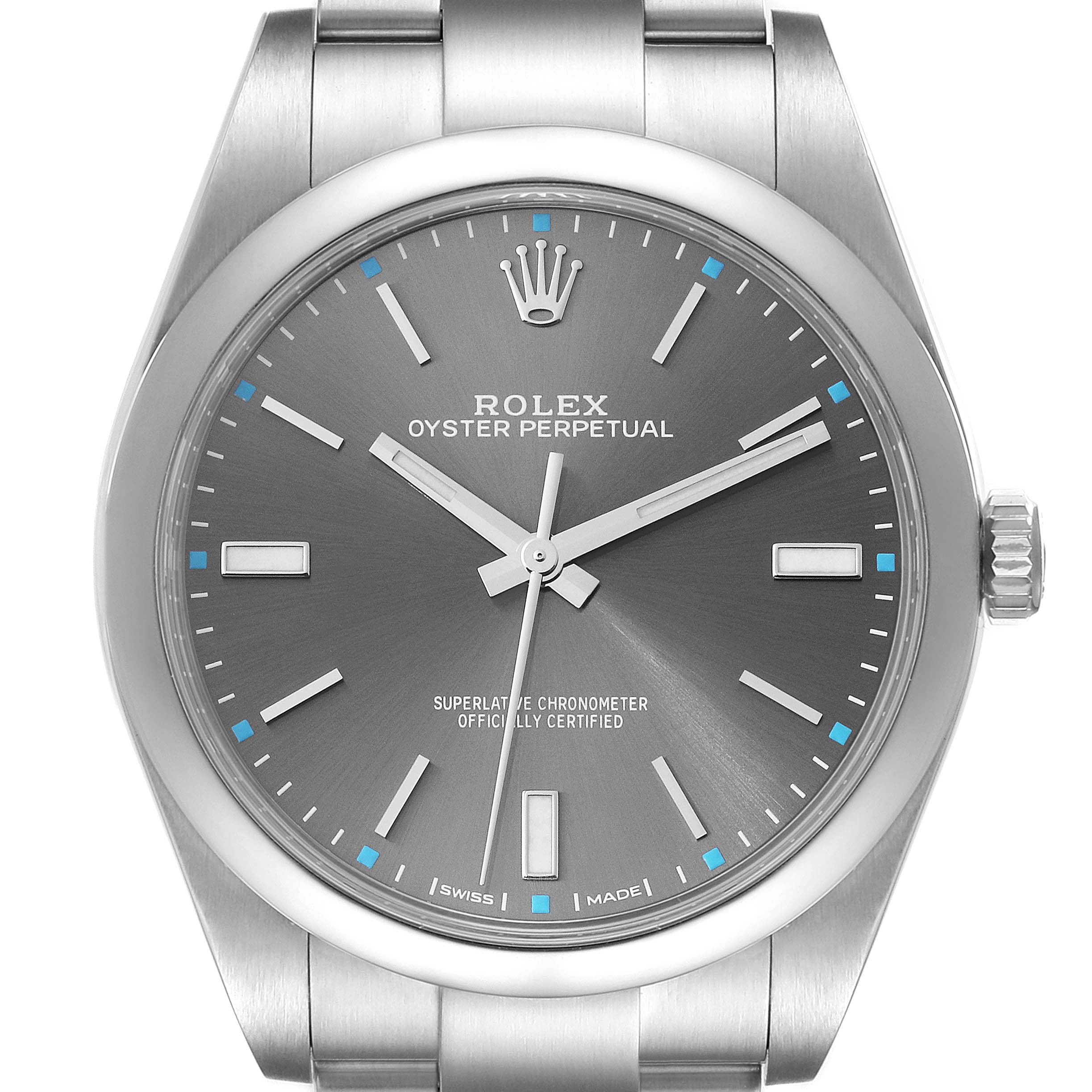 This image shows a front view of a Rolex Oyster Perpetual 114300 Men's Stainless Steel Grey Dial 114300 Men's Stainless Steel Grey Dial watch, highlighting the dial, hands, case, and part of the bracelet.
