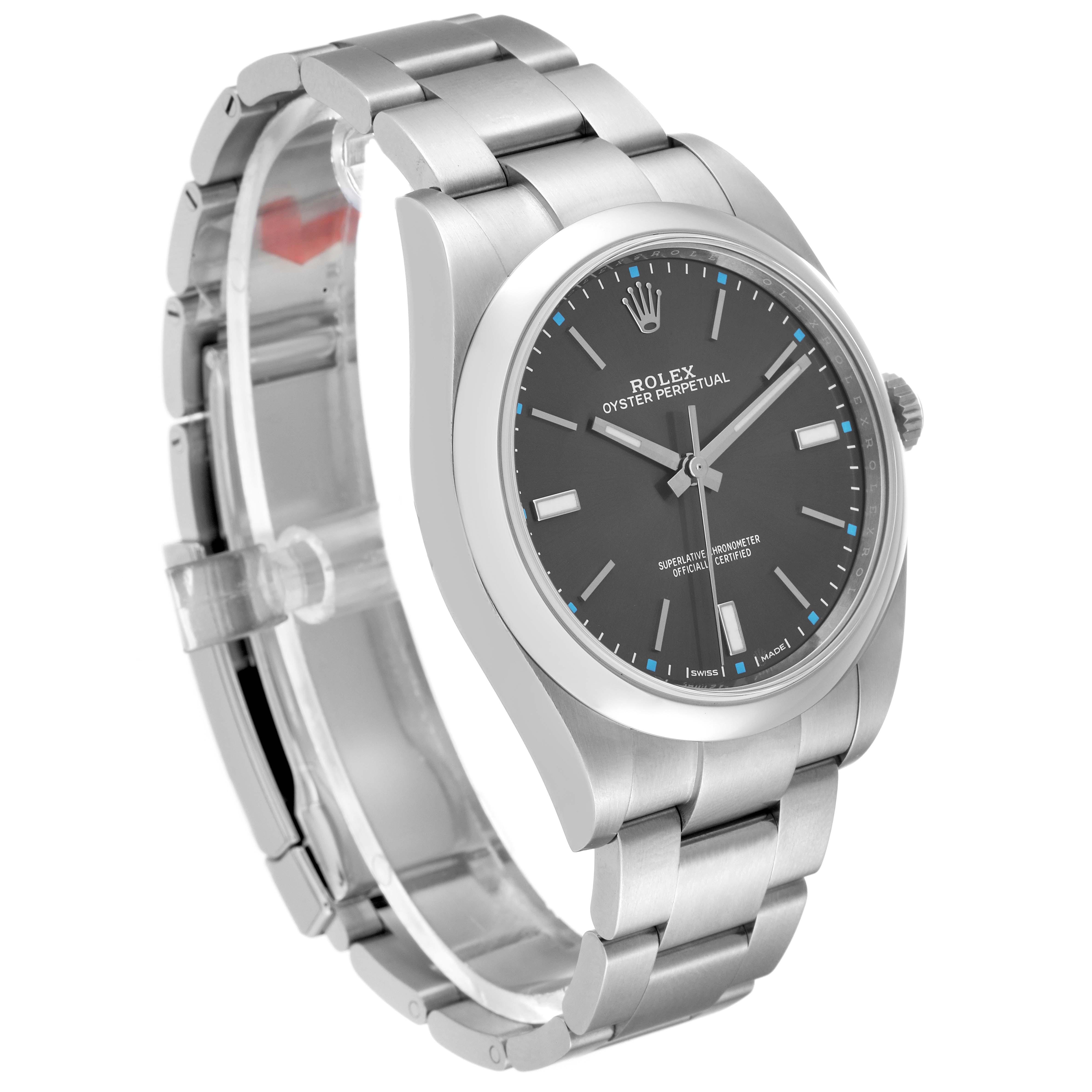 This image shows a Rolex Oyster Perpetual 114300 Men's Stainless Steel Grey Dial 114300 Men's Stainless Steel Grey Dial watch angled slightly from the front, displaying its face, bracelet, and clasp.