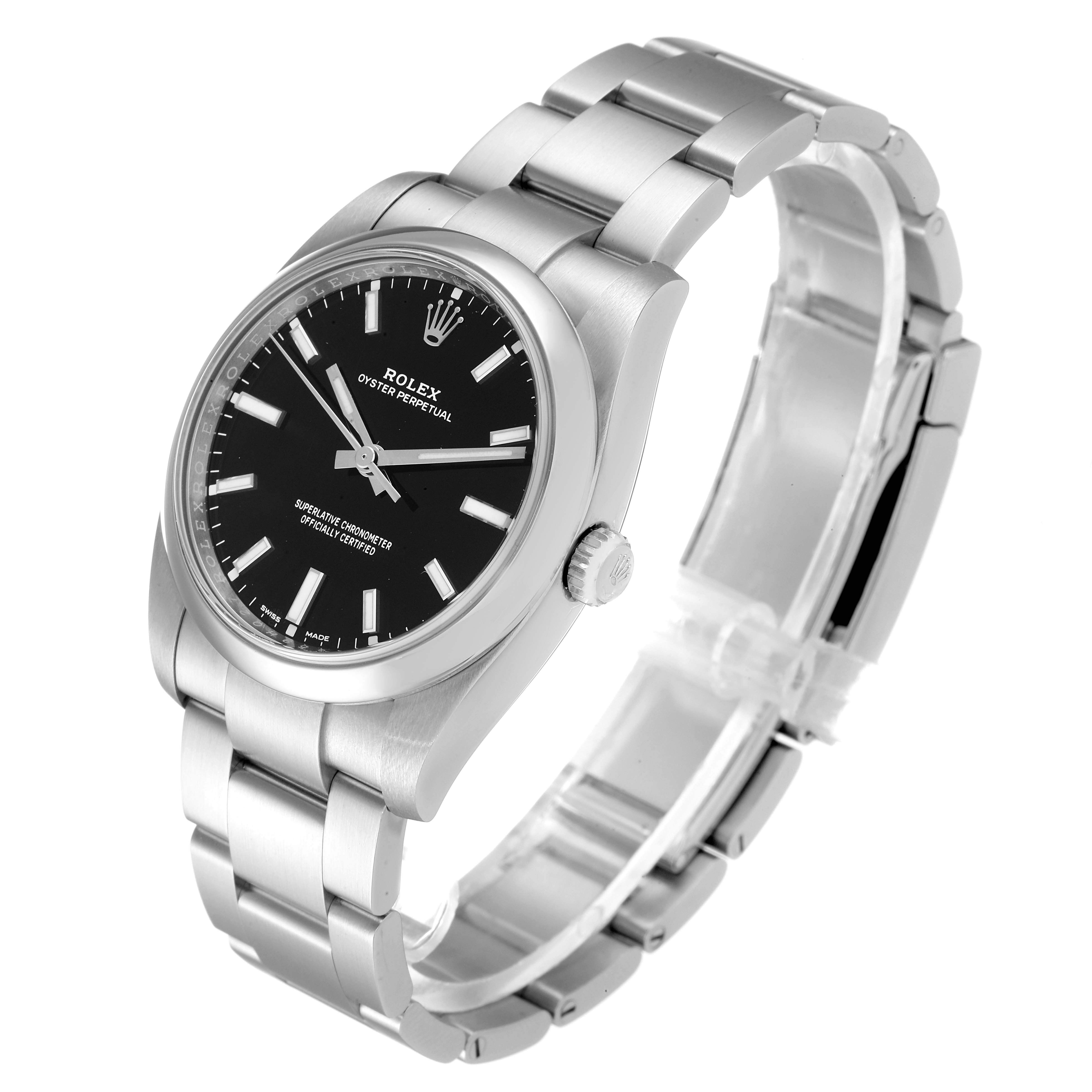 This image shows a Rolex Oyster Perpetual 114200 Men
s Stainless Steel Black Dial 114200 Men
s Stainless Steel Black Dial watch at an angled front view, highlighting the dial, crown, and bracelet.