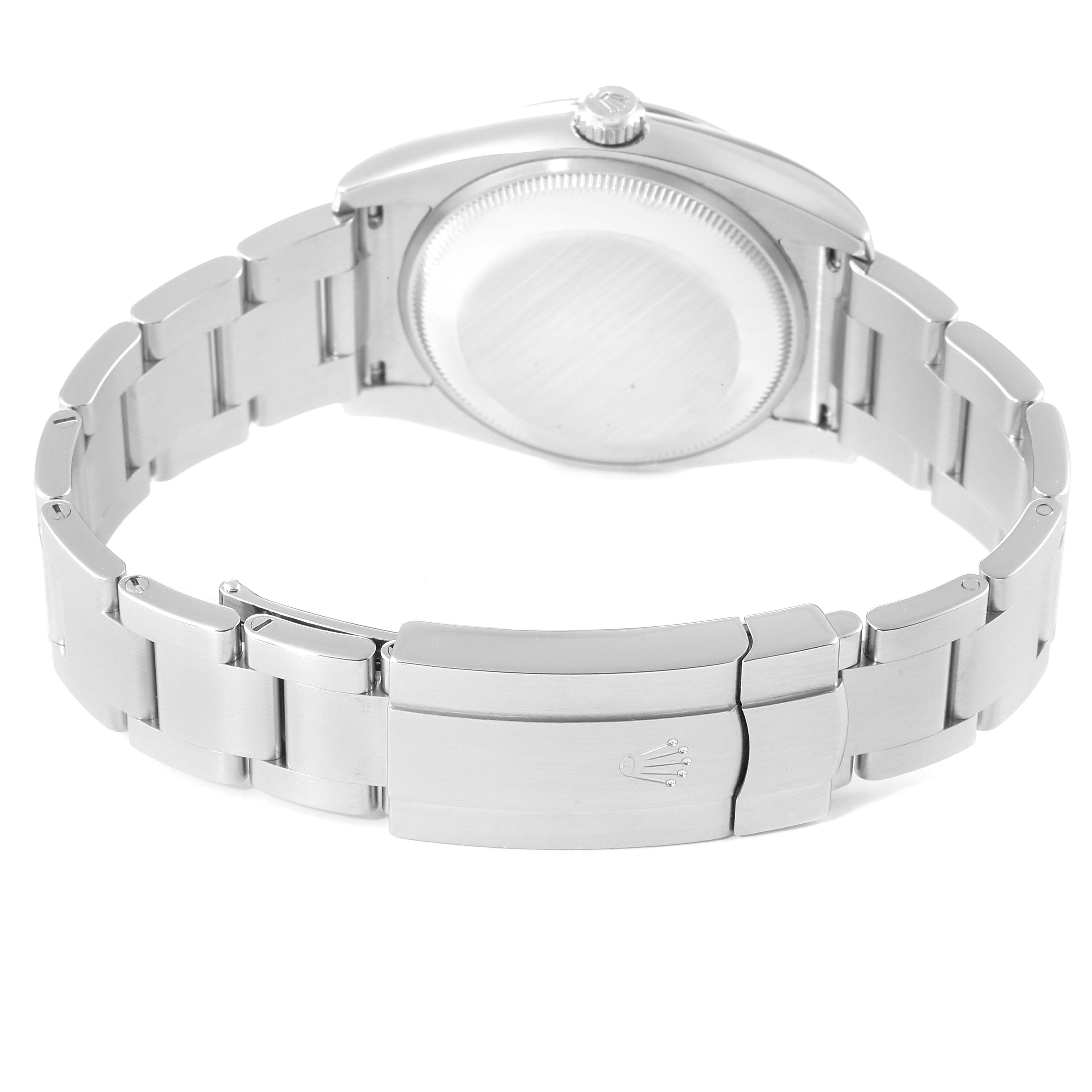 The image shows the back view of a Rolex Oyster Perpetual 114200 Men
s Stainless Steel Black Dial 114200 Men
s Stainless Steel Black Dial watch, focusing on the clasp and bracelet.