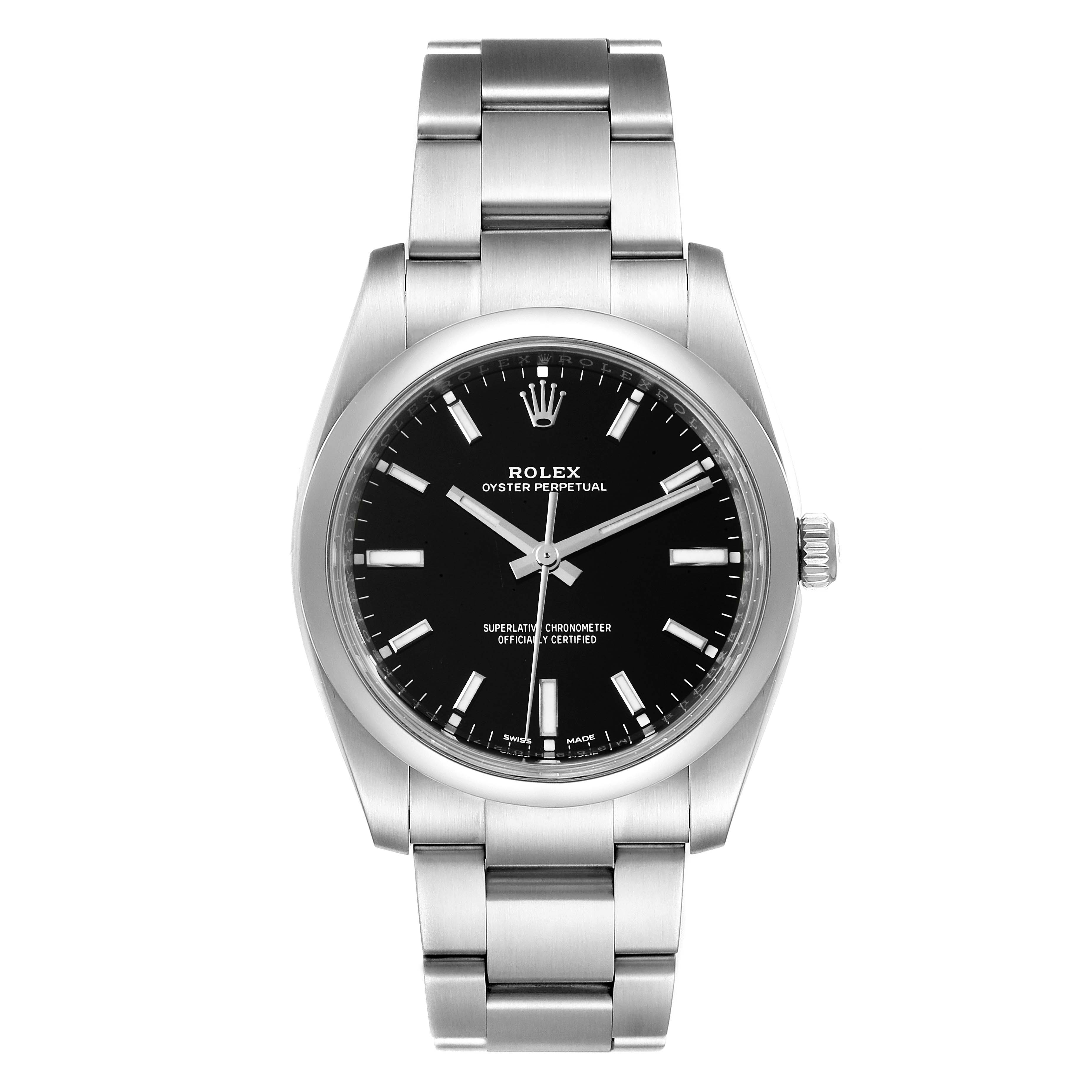 This image shows the front view of a Rolex Oyster Perpetual 114200 Men
s Stainless Steel Black Dial 114200 Men
s Stainless Steel Black Dial watch, displaying the face, bezel, and bracelet.