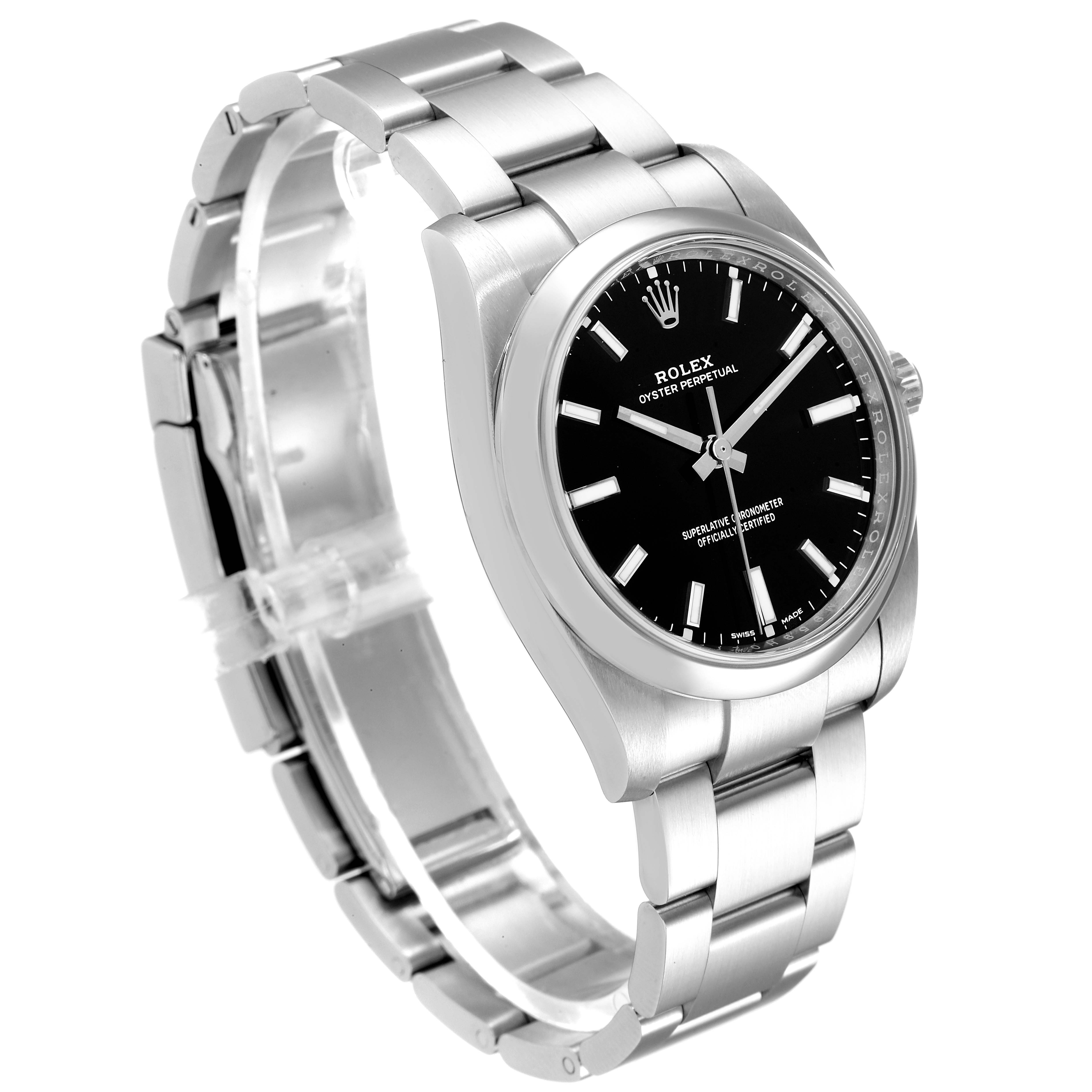 The Rolex Oyster Perpetual 114200 Men
s Stainless Steel Black Dial 114200 Men
s Stainless Steel Black Dial watch is shown from a three-quarter angle, displaying its black dial, silver hands, and metal bracelet.