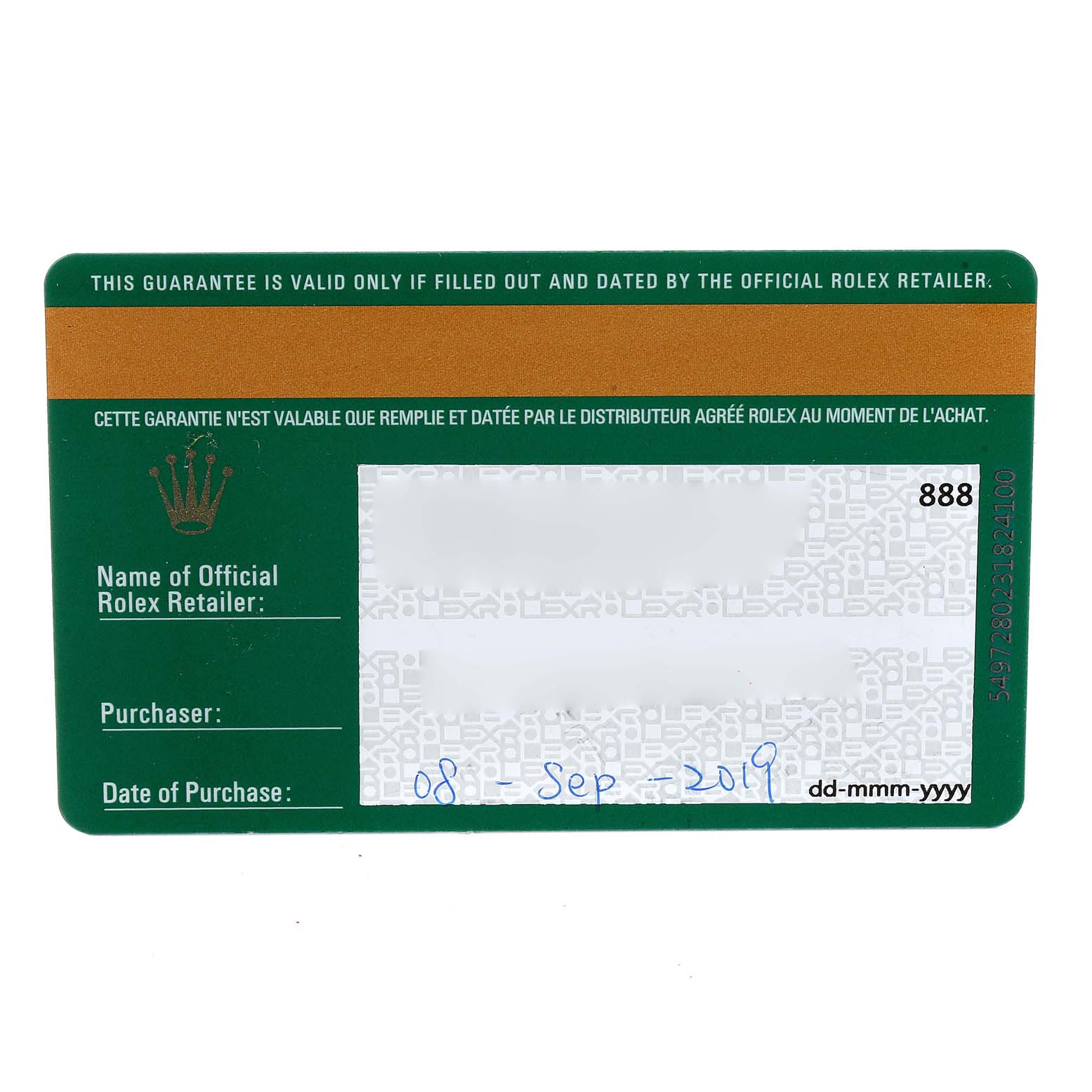 This image shows the guarantee card for a Rolex Oyster Perpetual 114200 Men
s Stainless Steel Black Dial 114200 Men
s Stainless Steel Black Dial model, including retailer information and date of purchase.