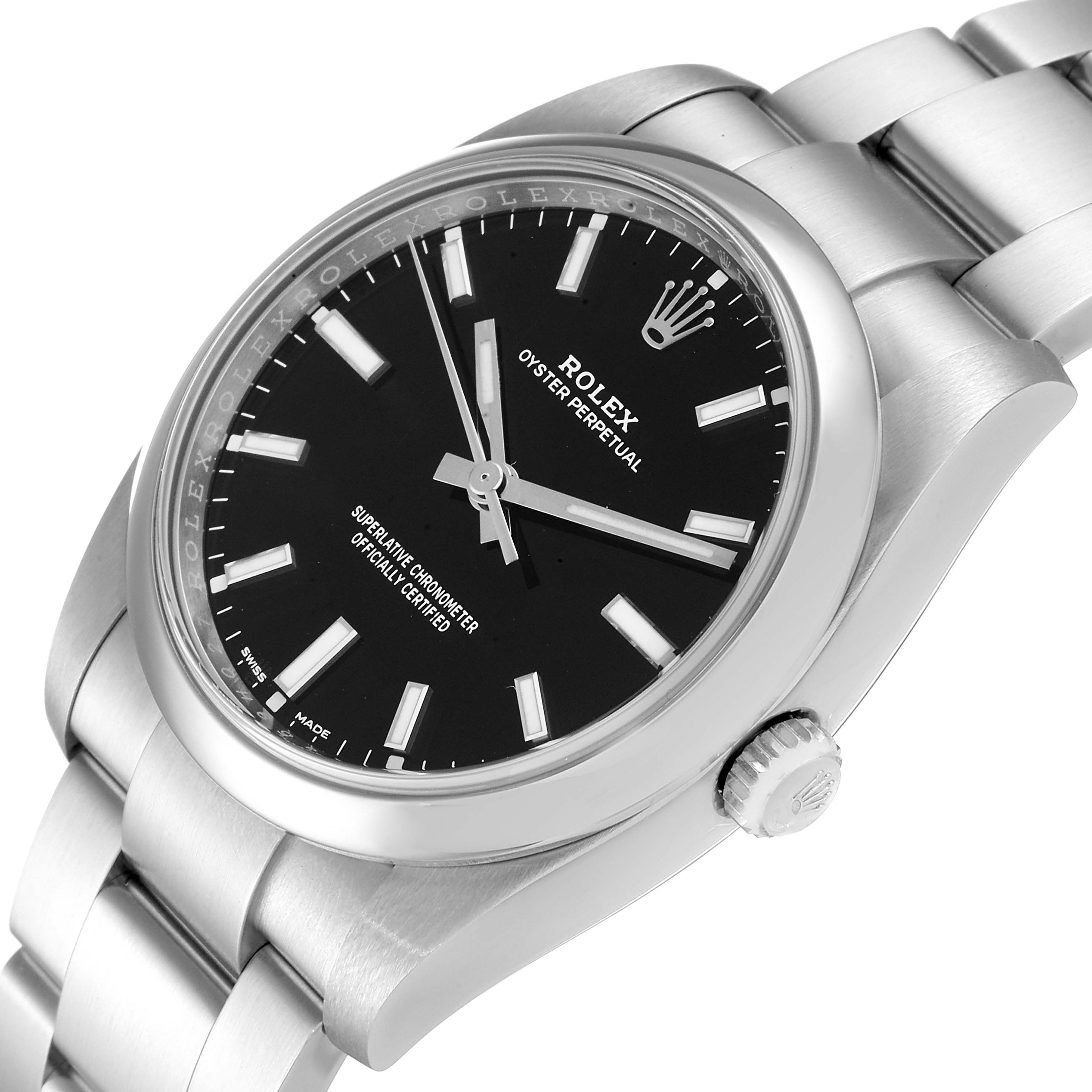 This image shows a Rolex Oyster Perpetual 114200 Men
s Stainless Steel Black Dial 114200 Men
s Stainless Steel Black Dial watch from an angled side view, highlighting the black dial, case, and stainless steel bracelet.